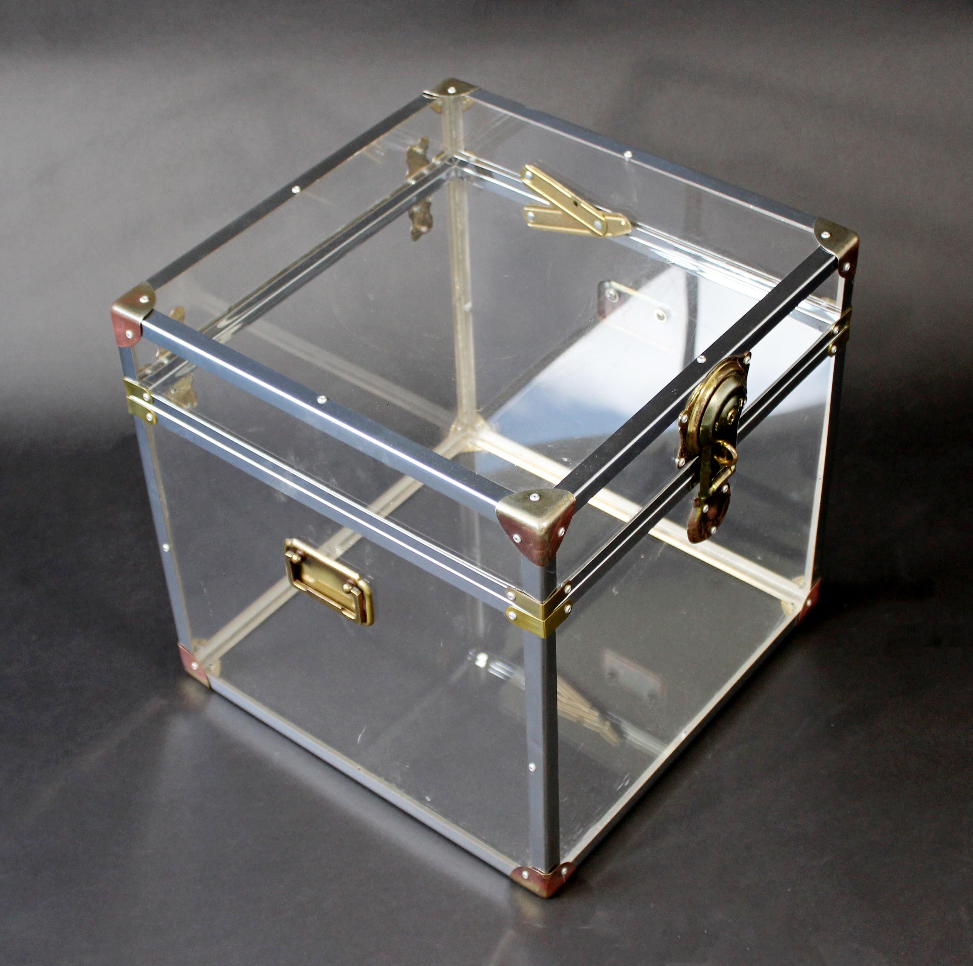 Late 20th Century Mid-Century Modern Brass Lucite Acrylic Square Side End Cabinet Table, 1970s
