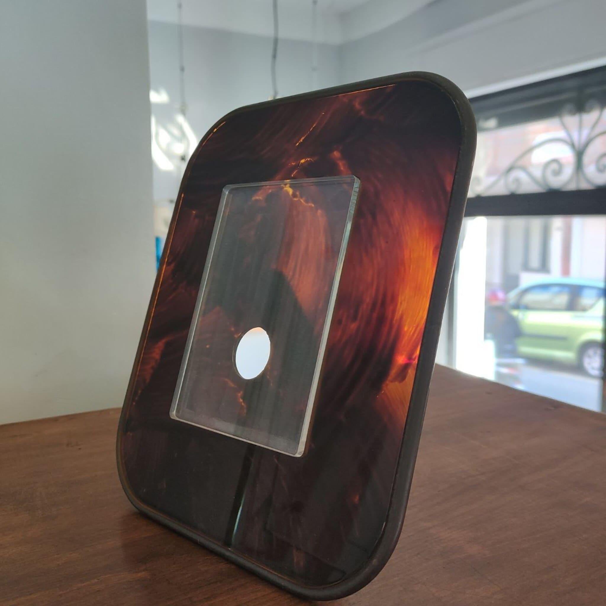 Late 20th Century Mid-Century Modern Brass Lucite Tortoiseshell Photo Frame, Italy, 1970s For Sale