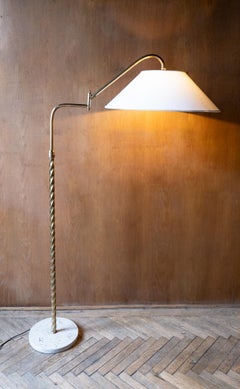 Mid Century Modern Brass Marble Adjustable Arm Floor Lamp, Italy 1950s