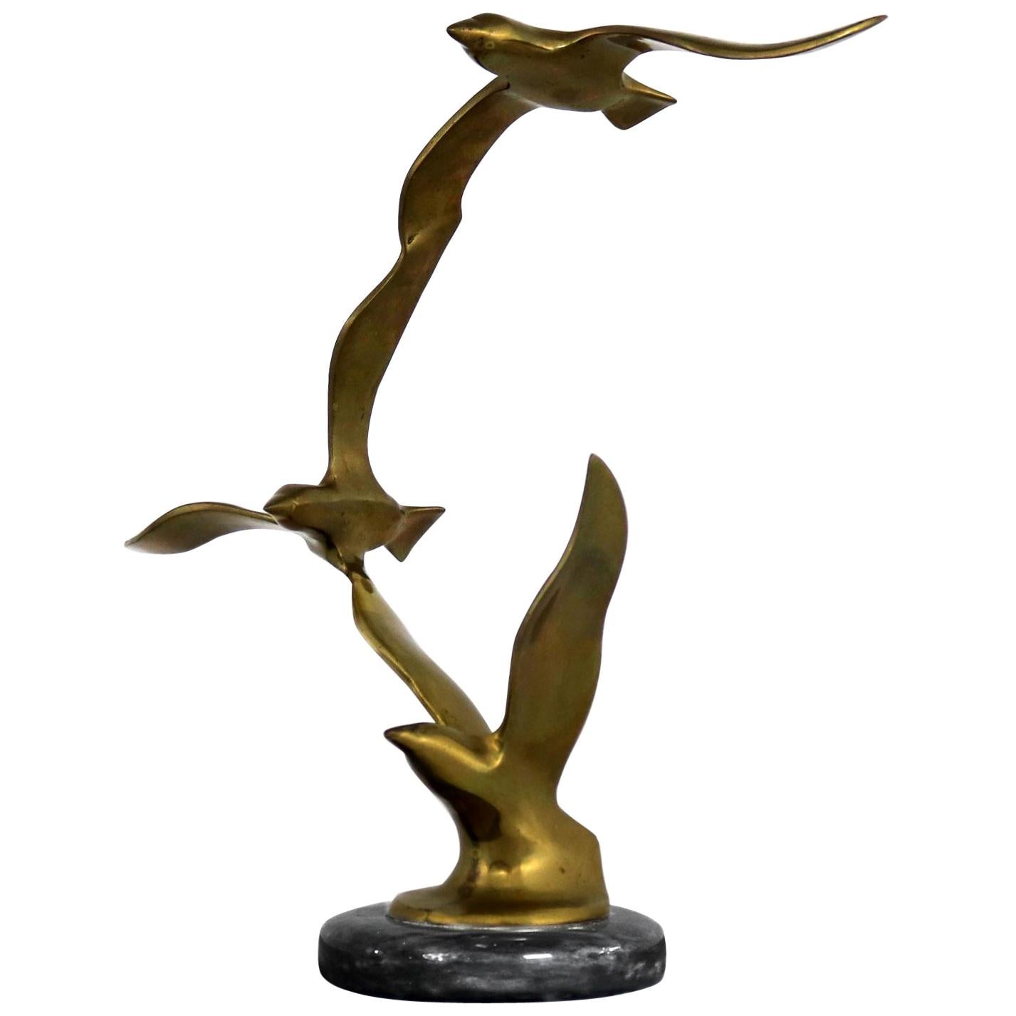 Mid-Century Modern Brass Marble Birds in Flight Sculpture Style of C. Jere