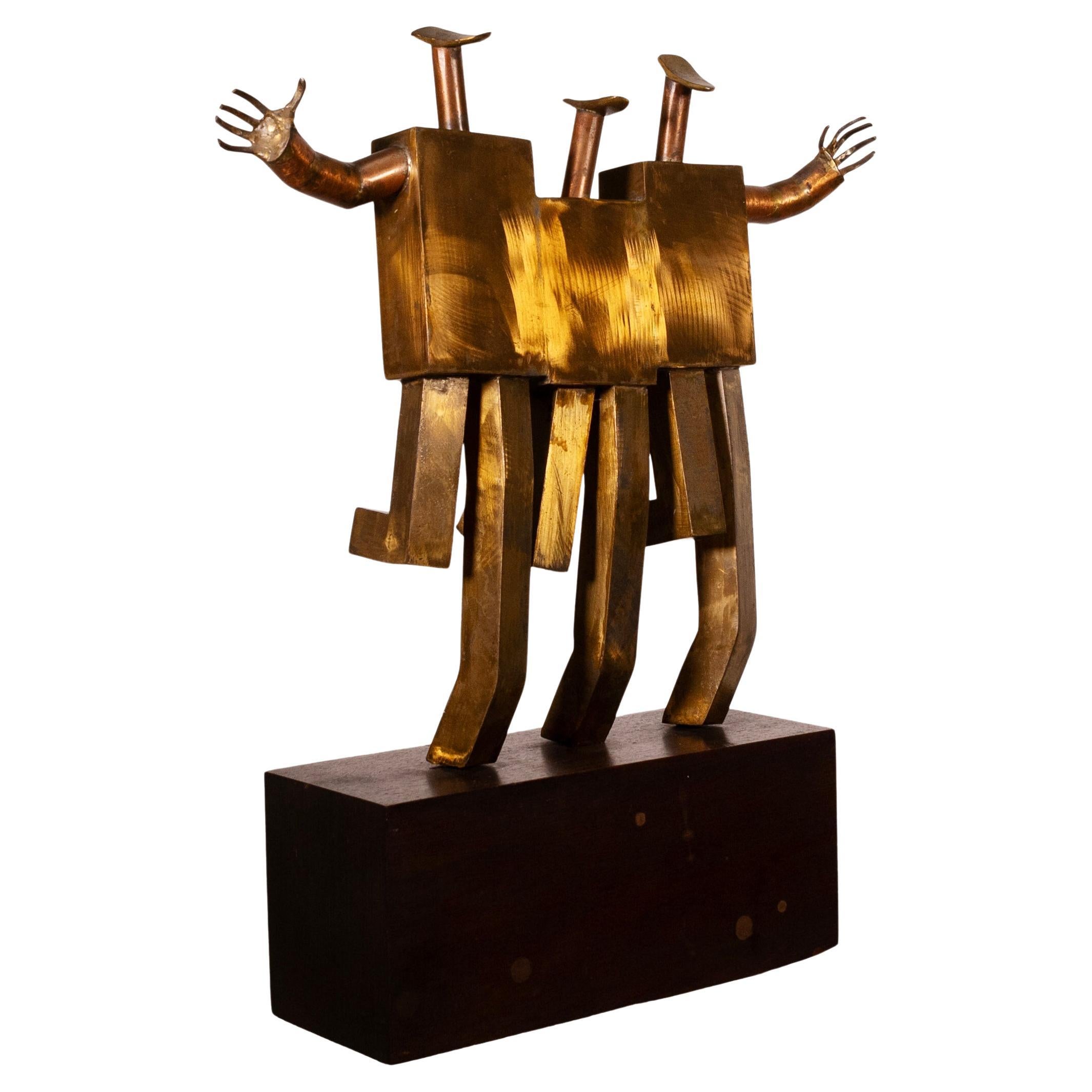 Mid Century Modern Brass Metal Figures Table Sculpture on Black Wood Base