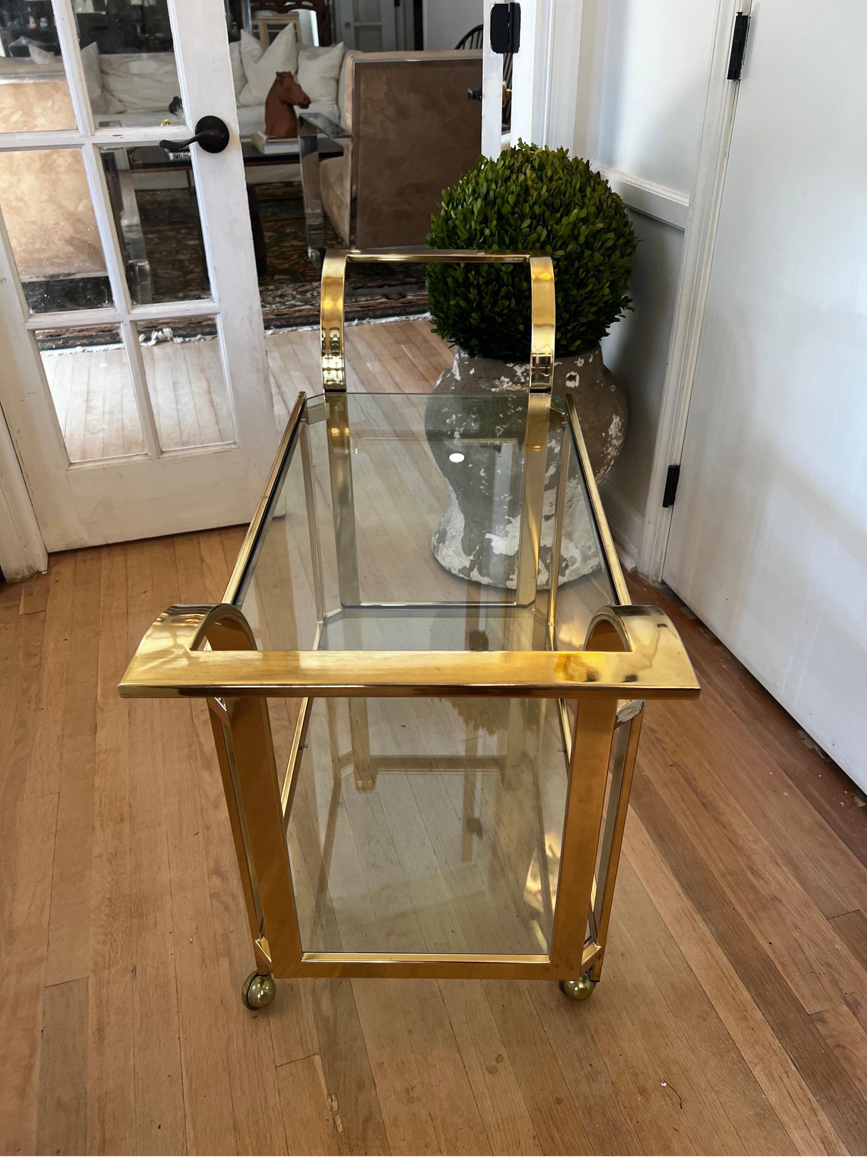 Mid Century Modern Brass Milo Baughman Bar Cart on Wheels  - Two Tier Glass In Good Condition For Sale In Los Angeles, CA