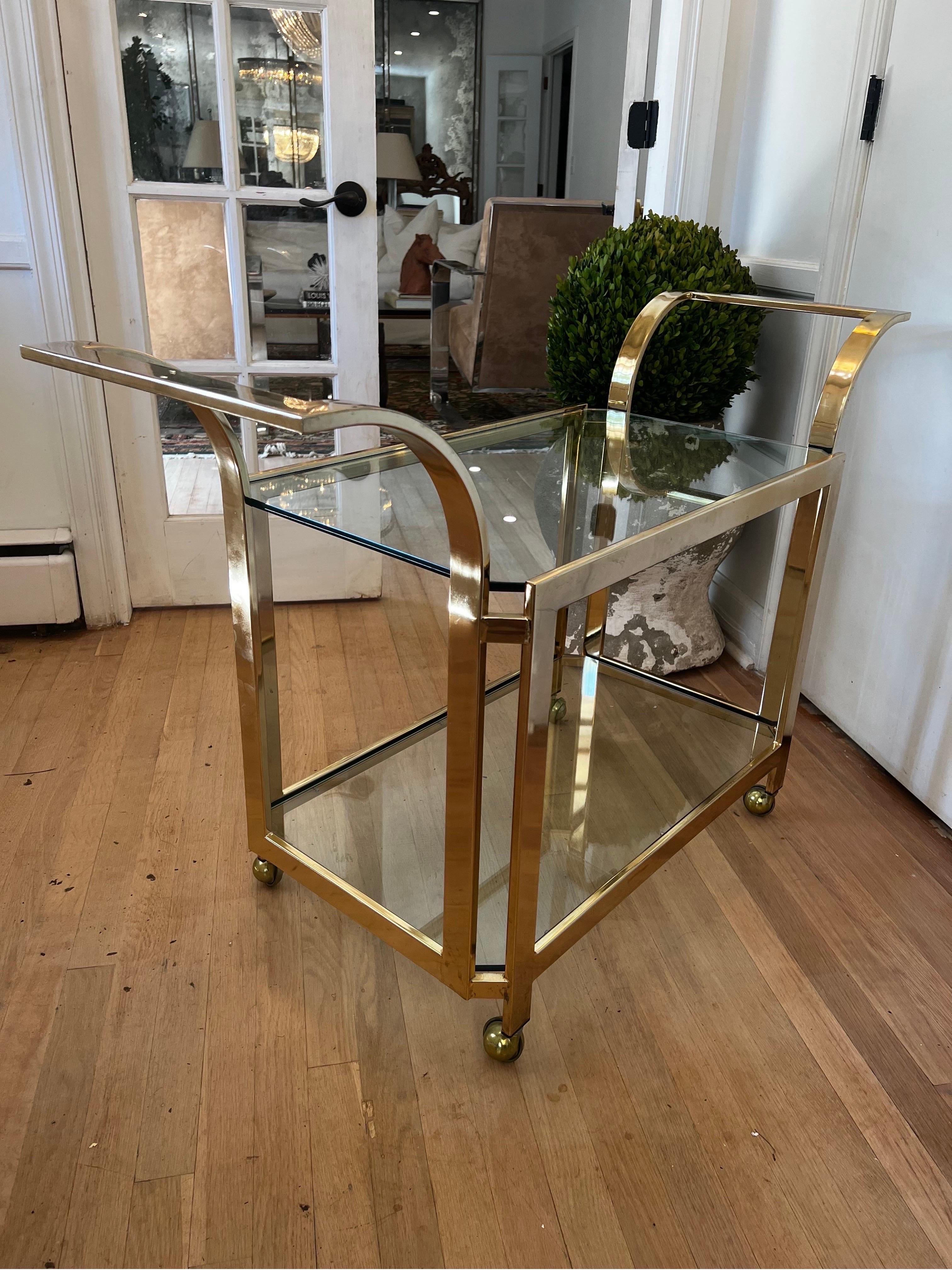 20th Century Mid Century Modern Brass Milo Baughman Bar Cart on Wheels  - Two Tier Glass For Sale