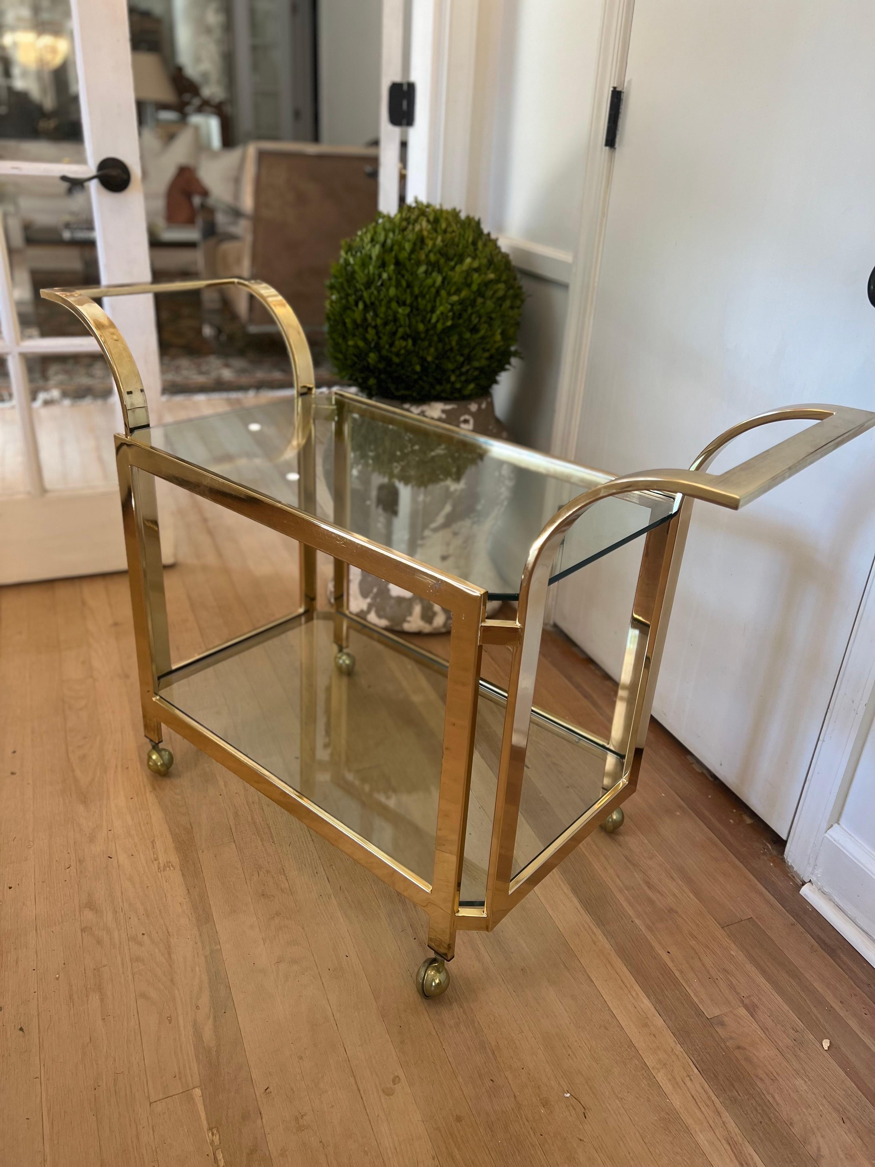 Mid Century Modern Brass Milo Baughman Bar Cart on Wheels  - Two Tier Glass For Sale 2