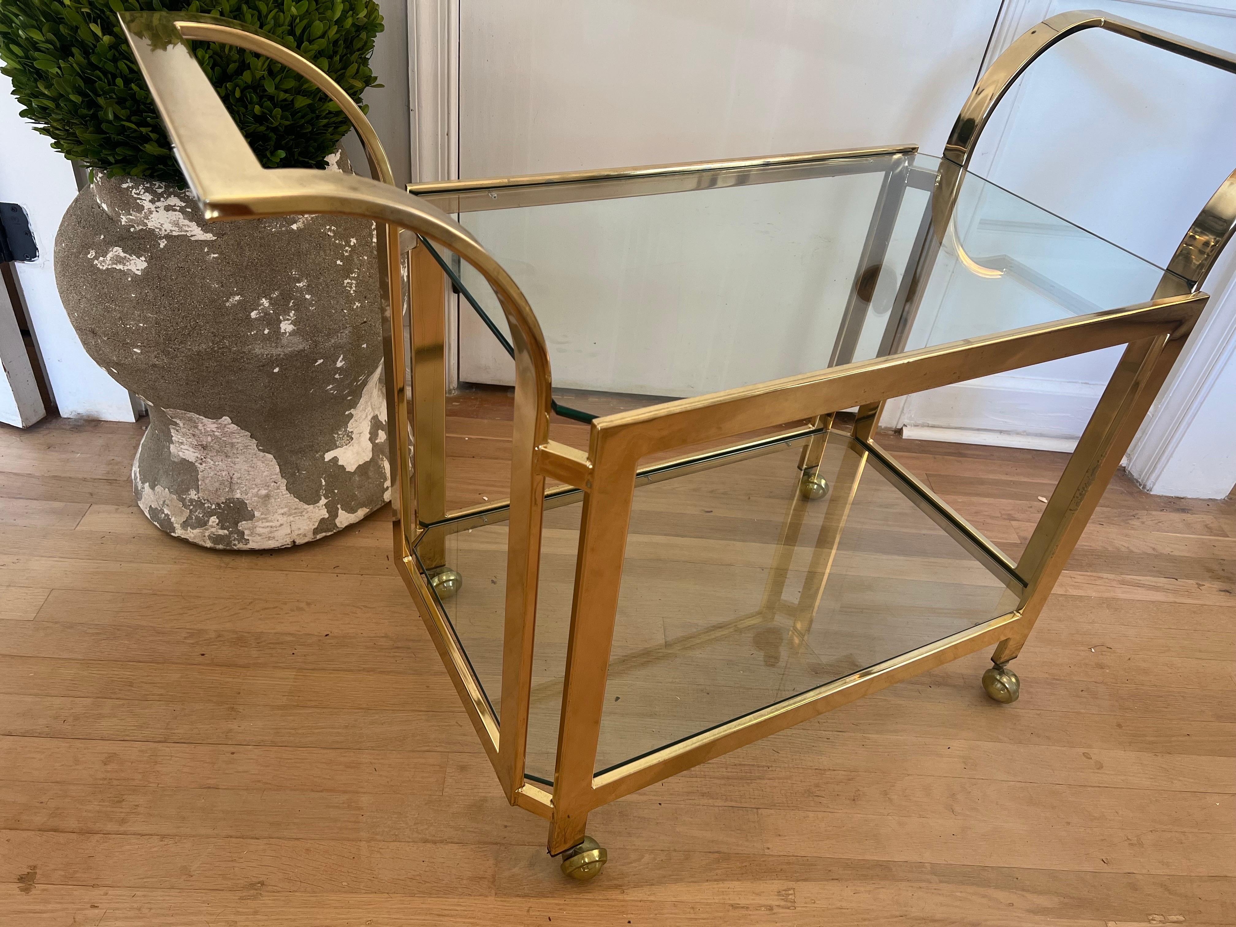 Mid Century Modern Brass Milo Baughman Bar Cart on Wheels  - Two Tier Glass For Sale 3