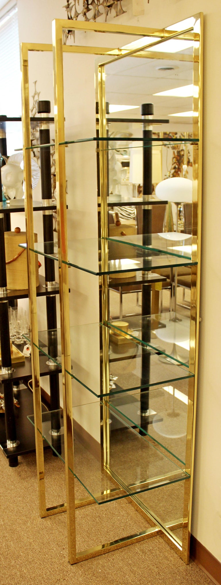 MidCentury Modern Brass Mirror Glass Shelving Unit Baughman Style Four