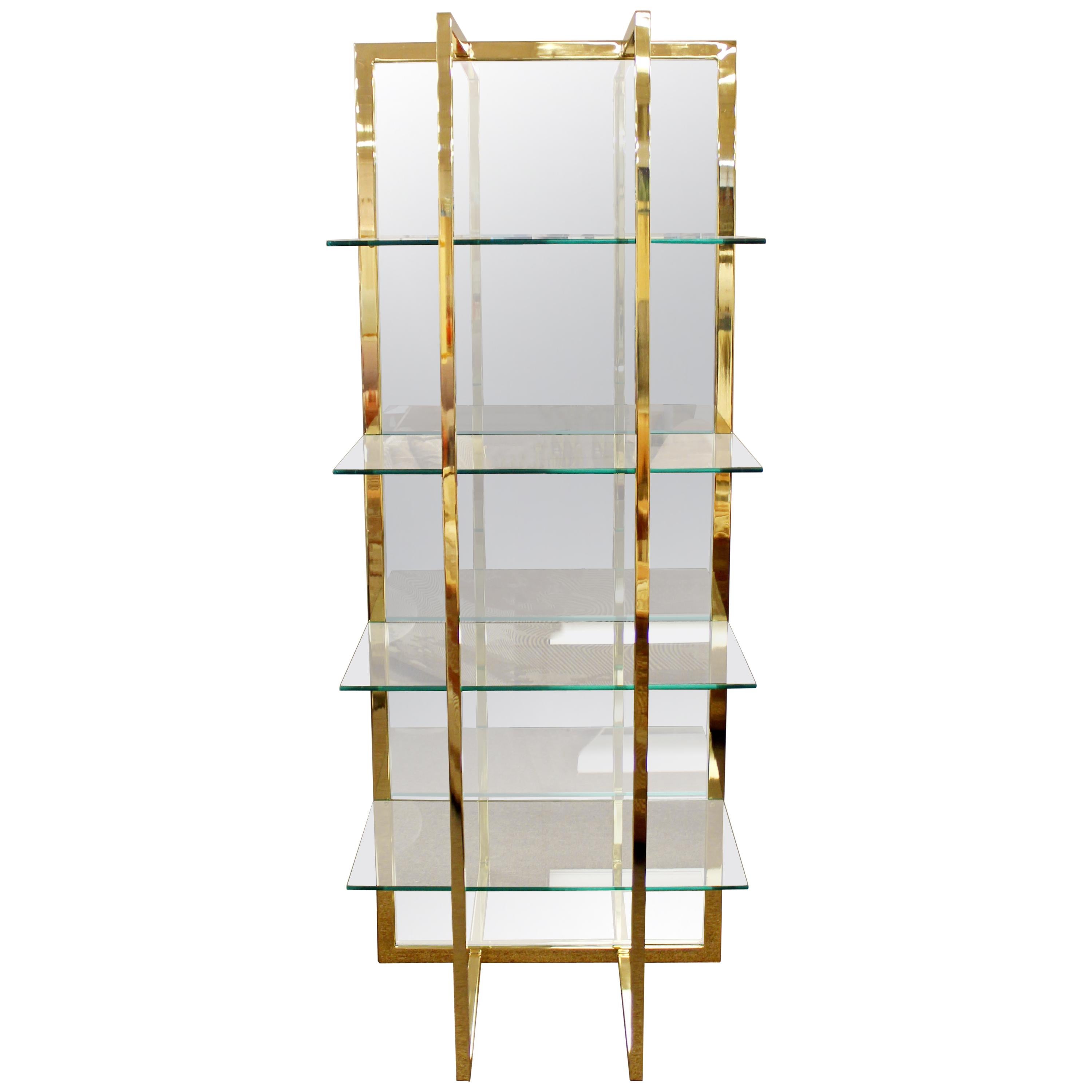 Mid-Century Modern Brass Mirror Glass Shelving Unit Baughman Style Four Shelf