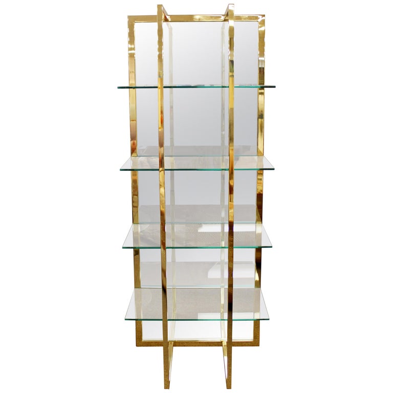 MidCentury Modern Brass Mirror Glass Shelving Unit Baughman Style Four