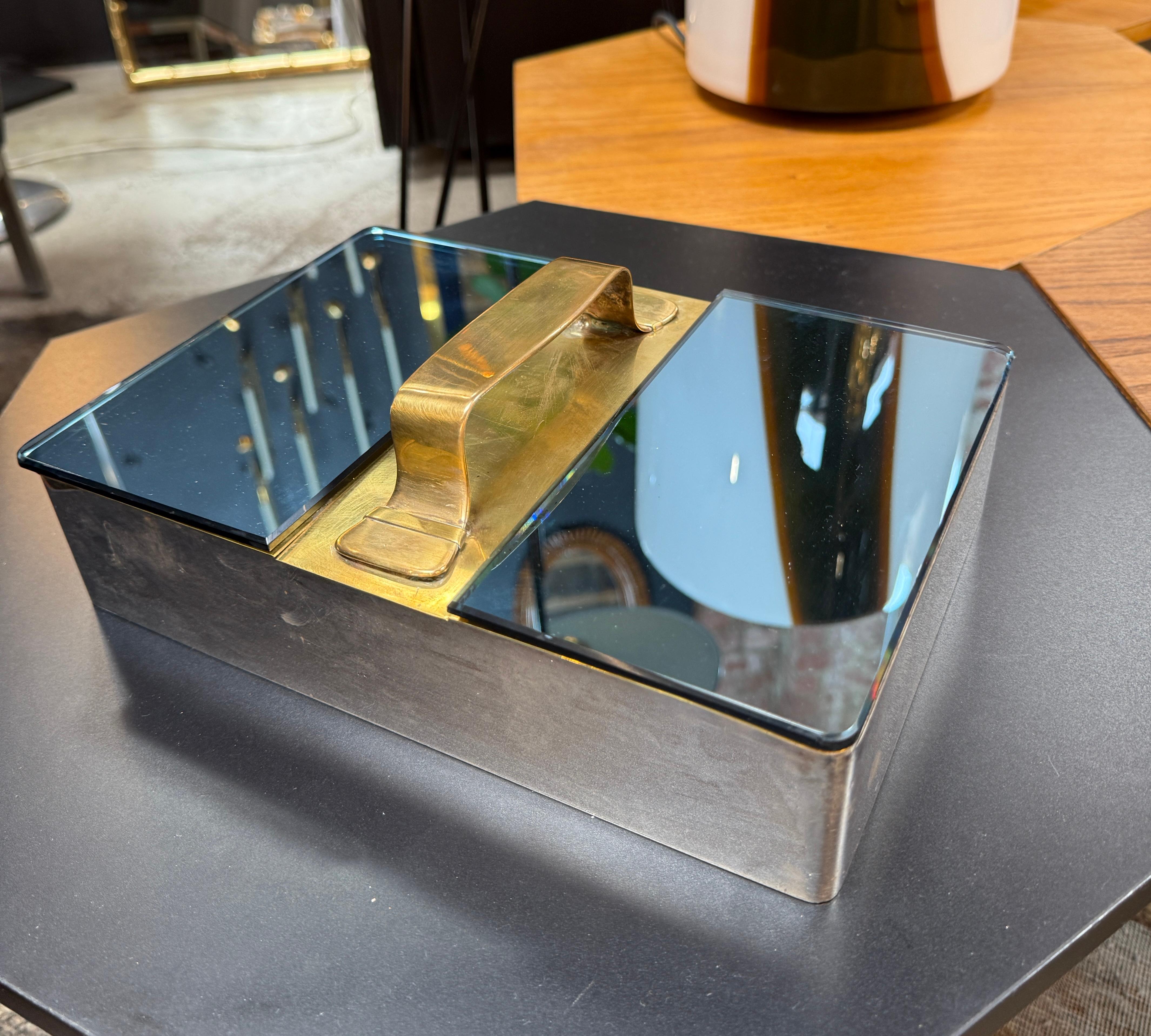 Italian Mid-Century Modern Brass & Mirror Vanity Box For Sale