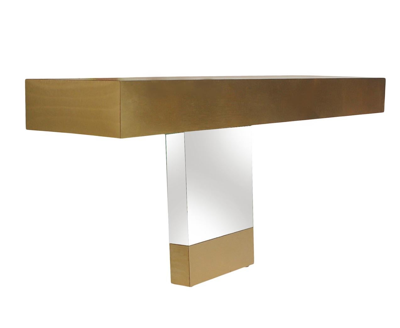 Hollywood Regency Mid-Century Modern Brass & Mirror Wall-Mounted Floating Console after Paul Evans