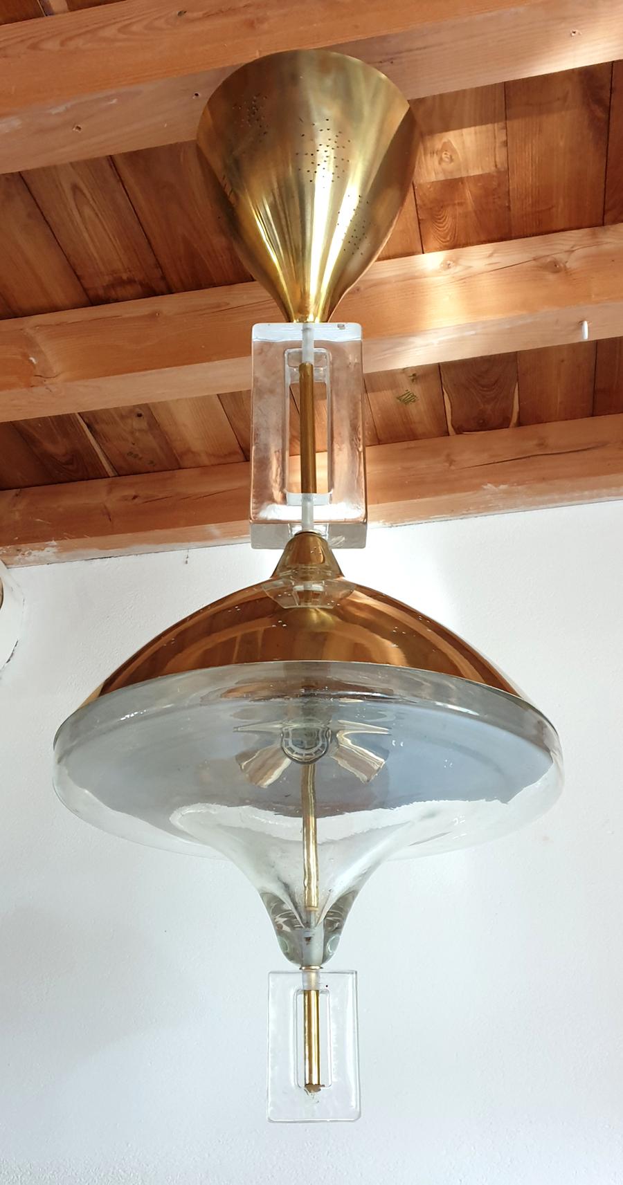 Italian Mid-Century Modern Brass and Murano Clear Glass Chandelier, Seguso Style, 1970s