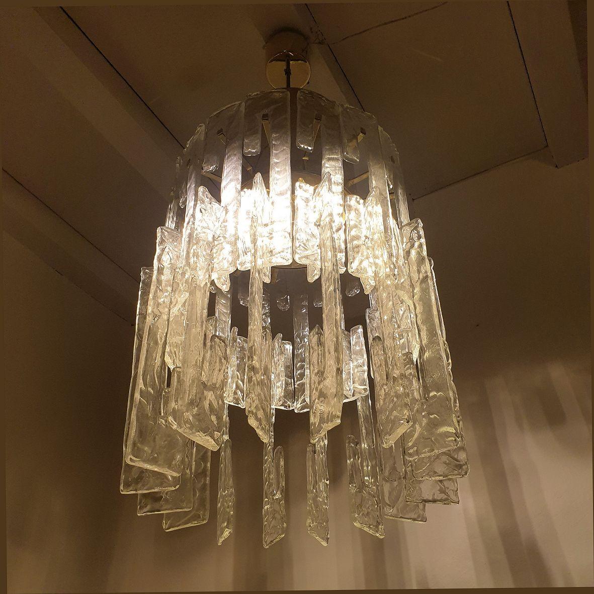 Italian Mid-Century brass-Murano glass chandelier, Mazzega For Sale