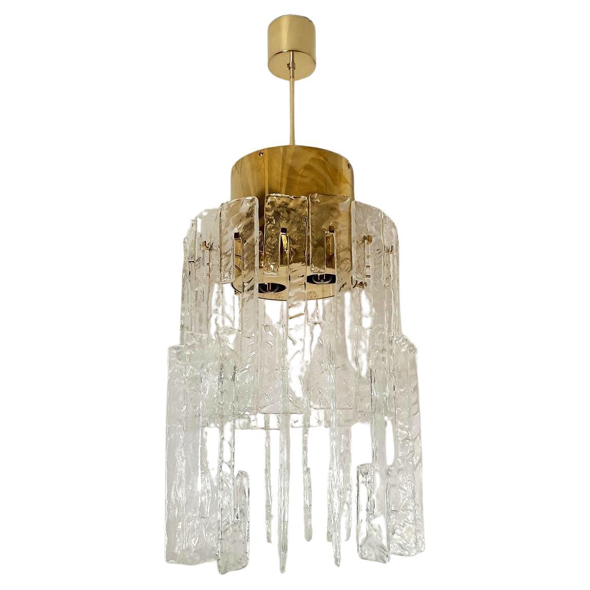 Mid-Century brass-Murano glass chandelier, Mazzega For Sale