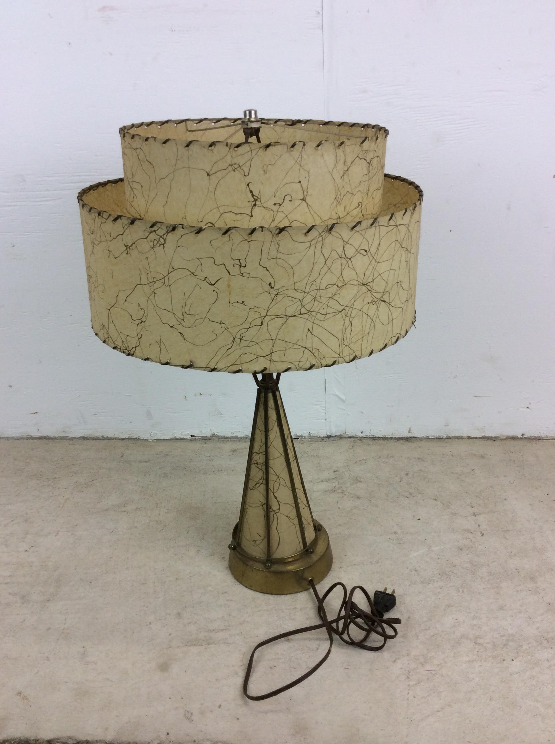 Mid Century Modern Brass & Naugahyde Table Lamp with Unique Shade For Sale 9