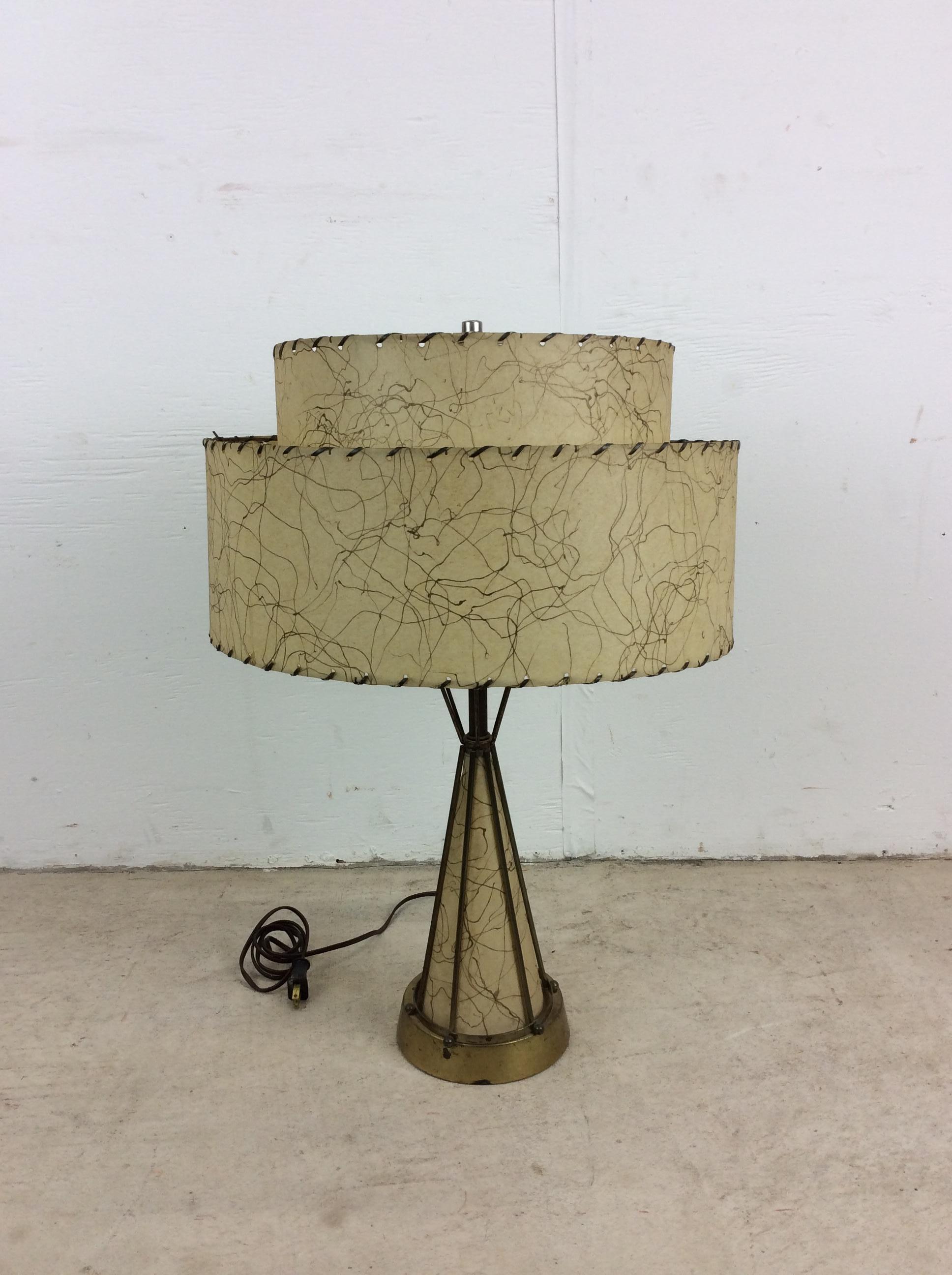 20th Century Mid Century Modern Brass & Naugahyde Table Lamp with Unique Shade For Sale