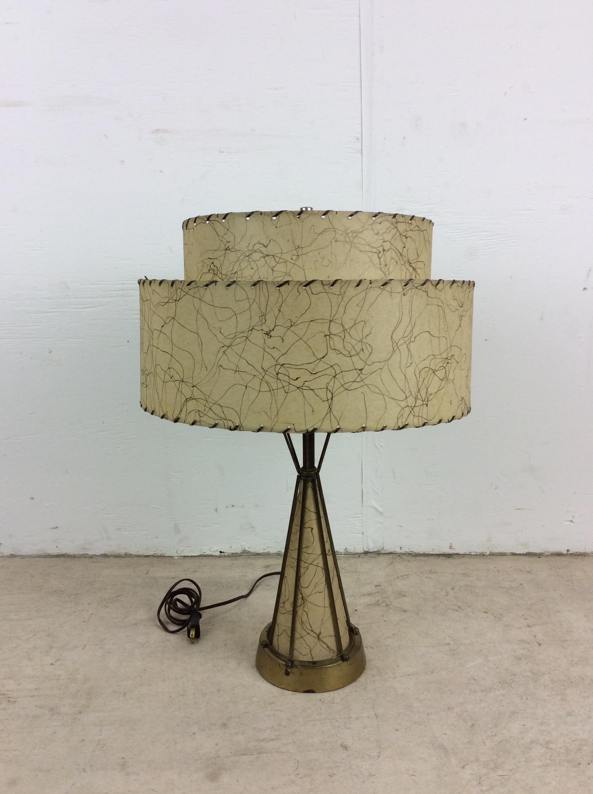 Mid Century Modern Brass & Naugahyde Table Lamp with Unique Shade For Sale 1