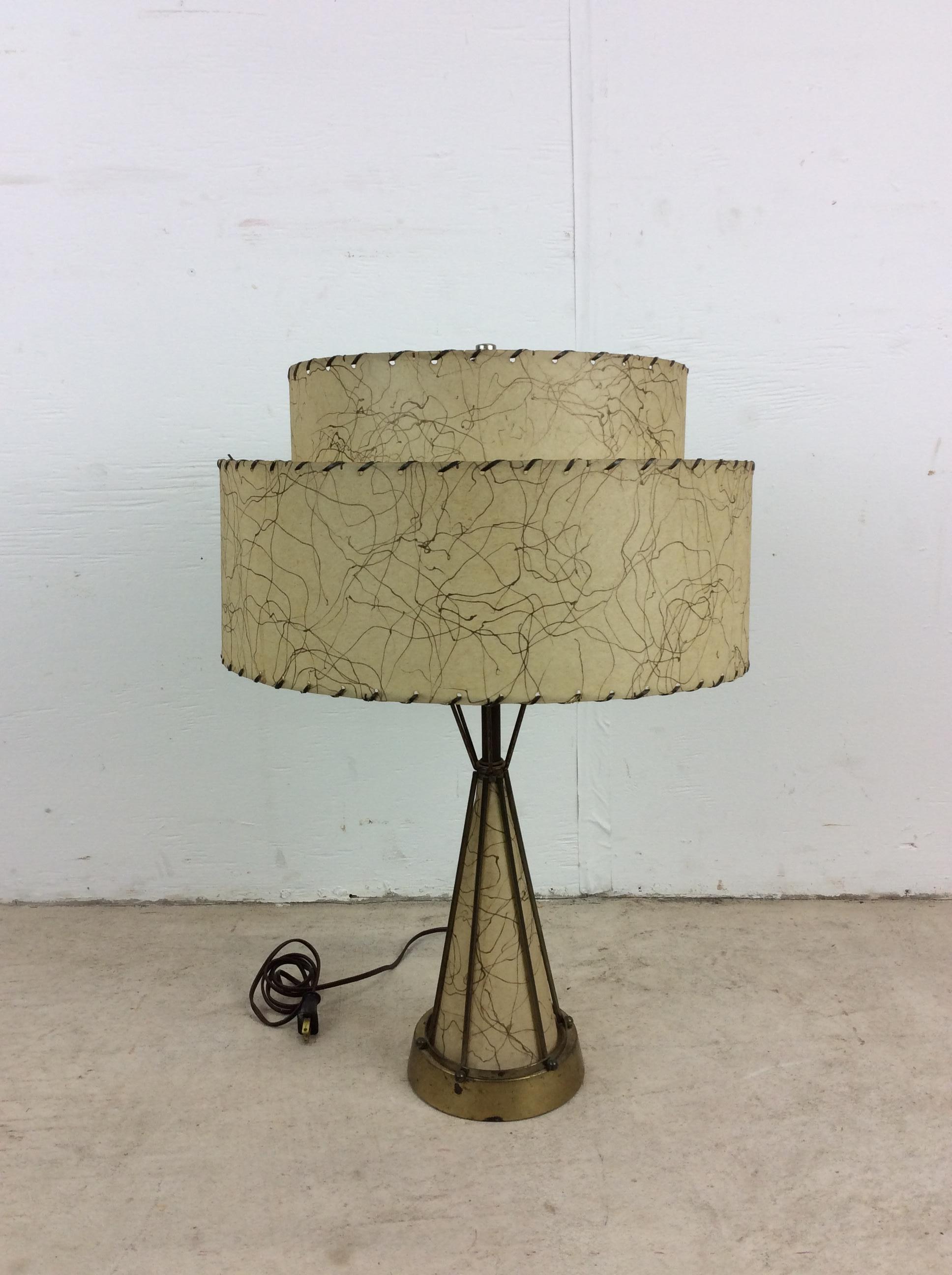 Mid Century Modern Brass & Naugahyde Table Lamp with Unique Shade For Sale 2