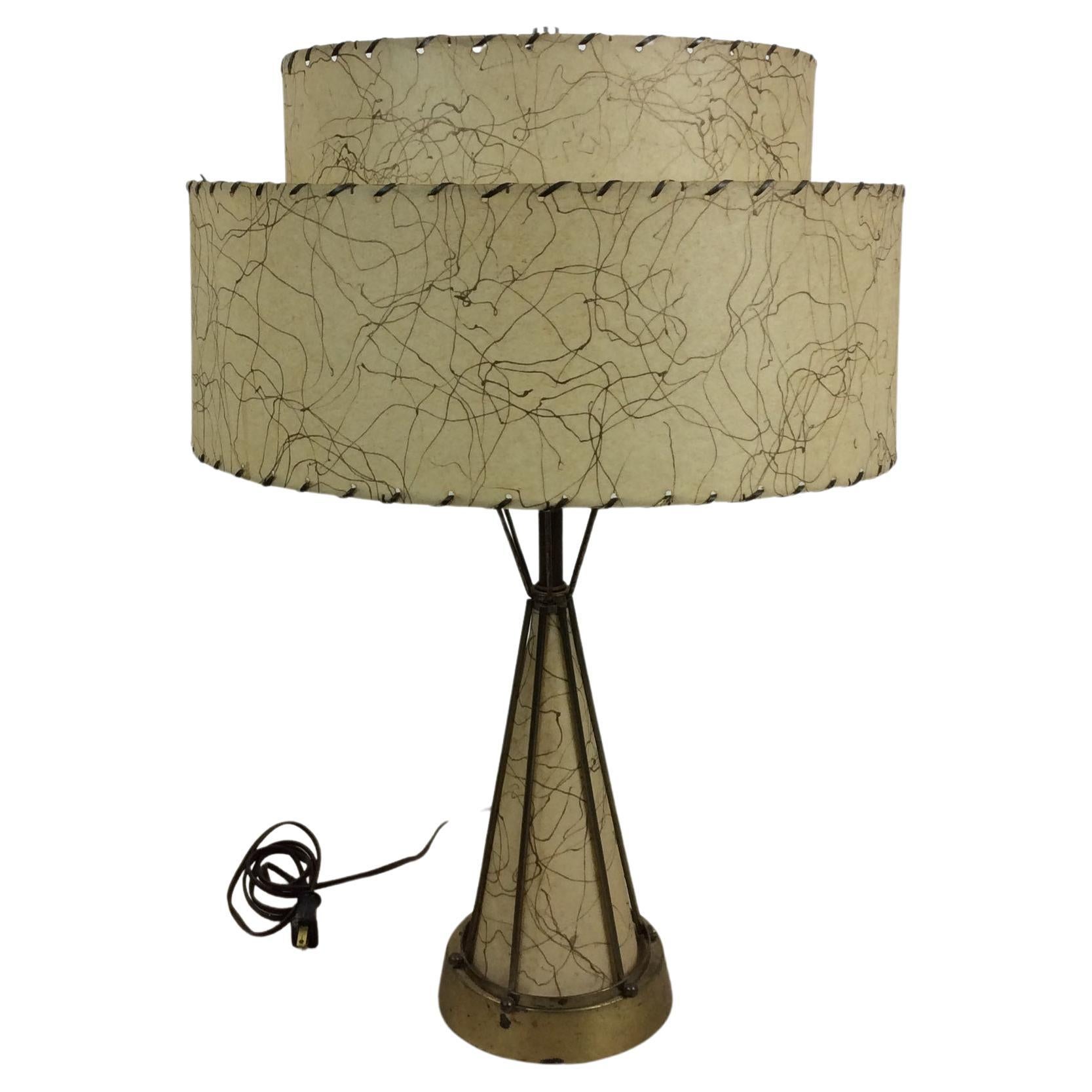 Mid Century Modern Brass & Naugahyde Table Lamp with Unique Shade For Sale
