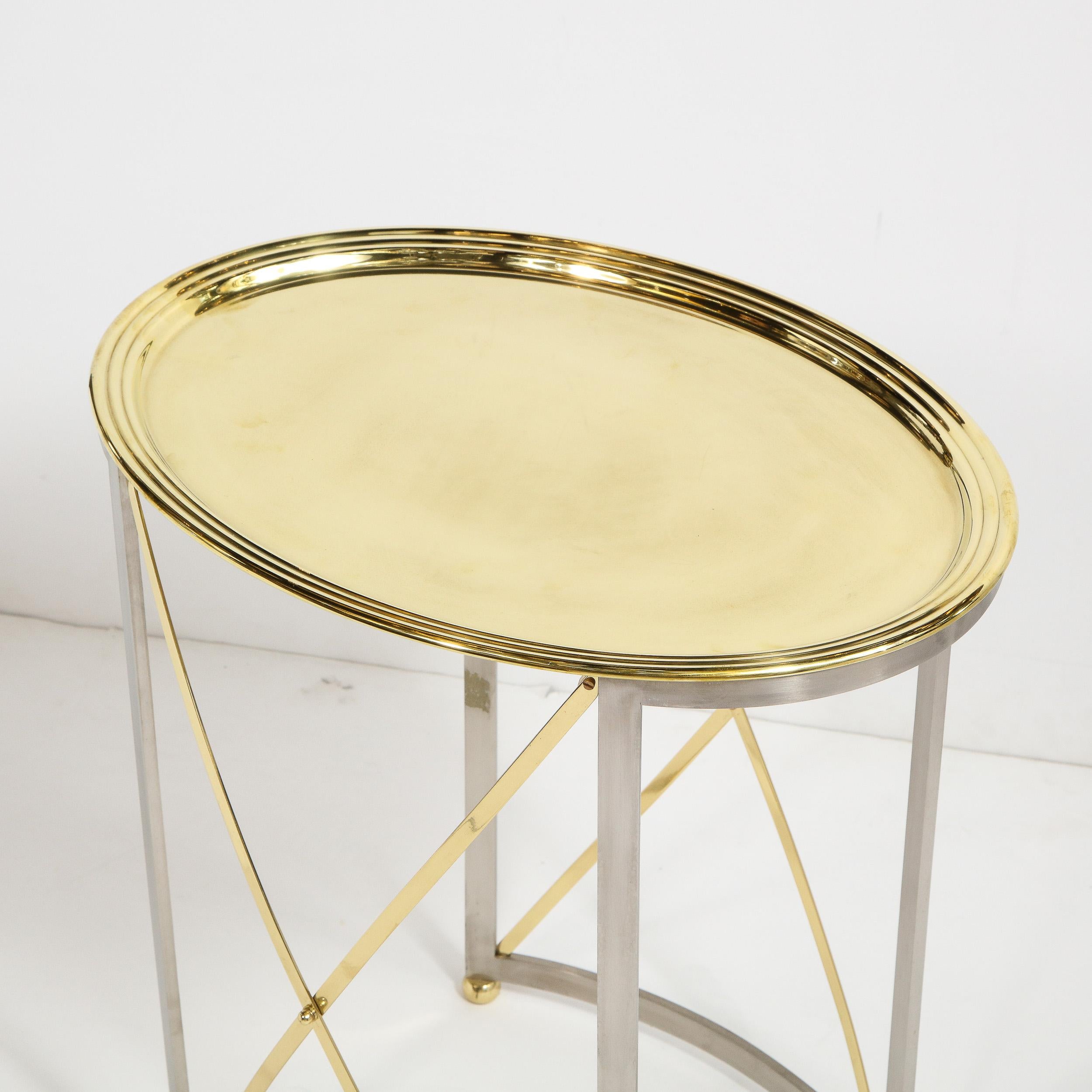 French Mid-Century Brass & Nickel Side Table with Removable Tray Top by Maison Jansen