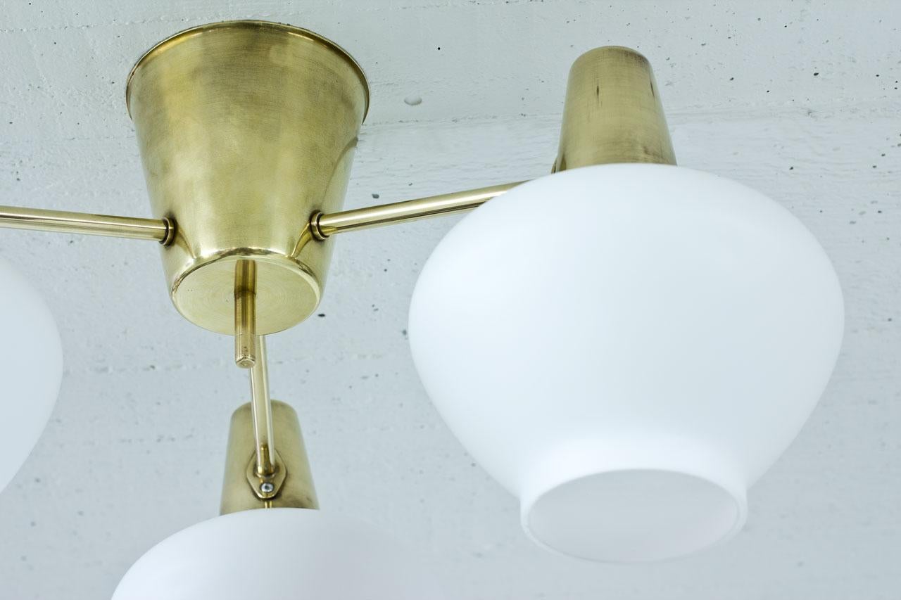 Scandinavian Modern Mid-Century Modern Brass & Opaline Glass Ceiling Lamp by ASEA, Sweden, 1950s