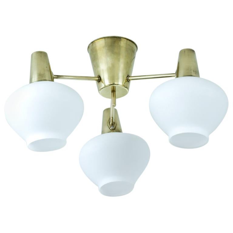 Mid-Century Modern Brass & Opaline Glass Ceiling Lamp by ASEA, Sweden, 1950s