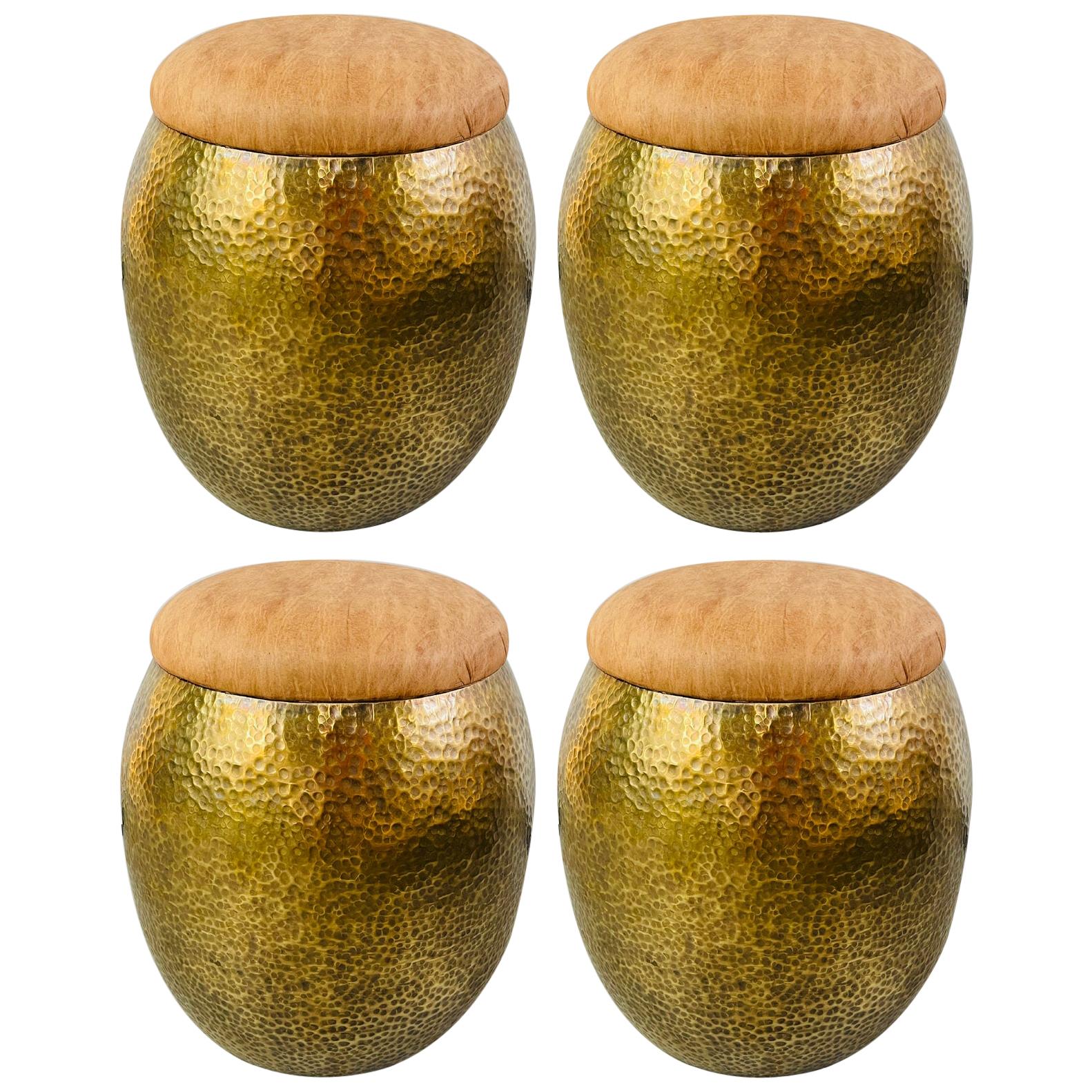Mid-Century Modern Brass Ottoman, Stool or Side Table with Leather Top, Set of 4