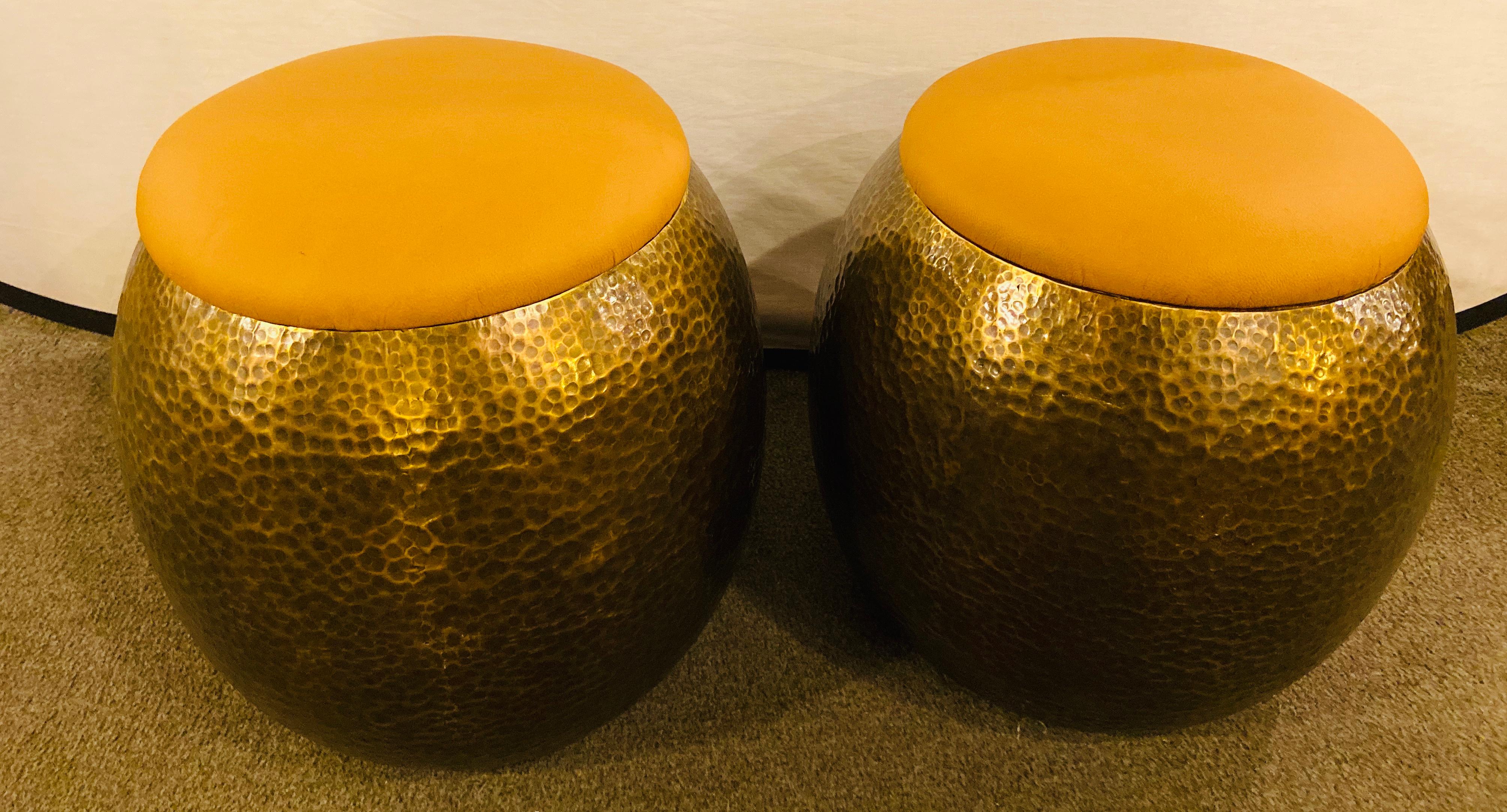 Moroccan Modern Brass Ottomans, Stools or Side Table With Fine Leather