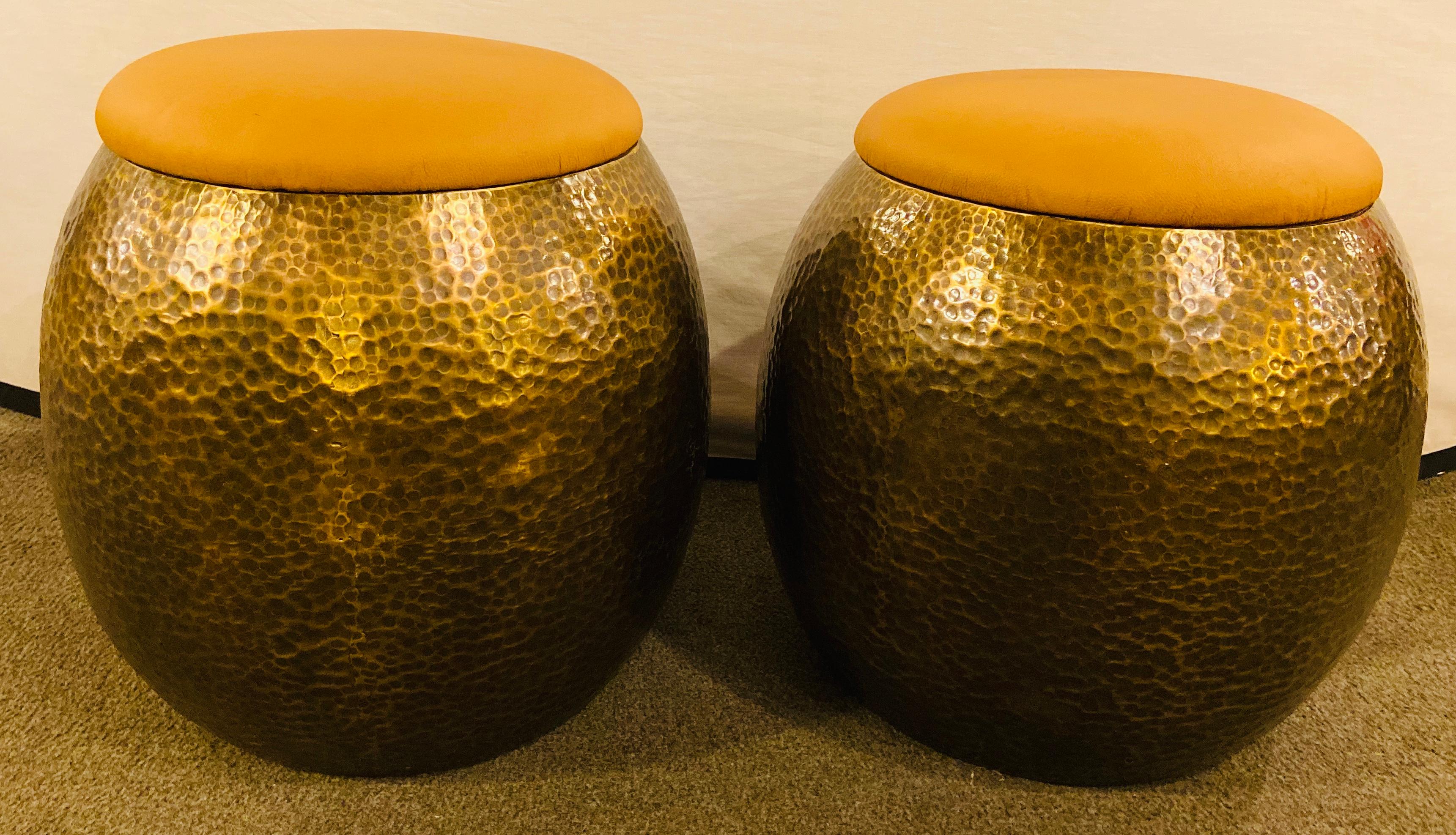 Modern Brass Ottomans, Stools or Side Table With Fine Leather In Good Condition In Plainview, NY