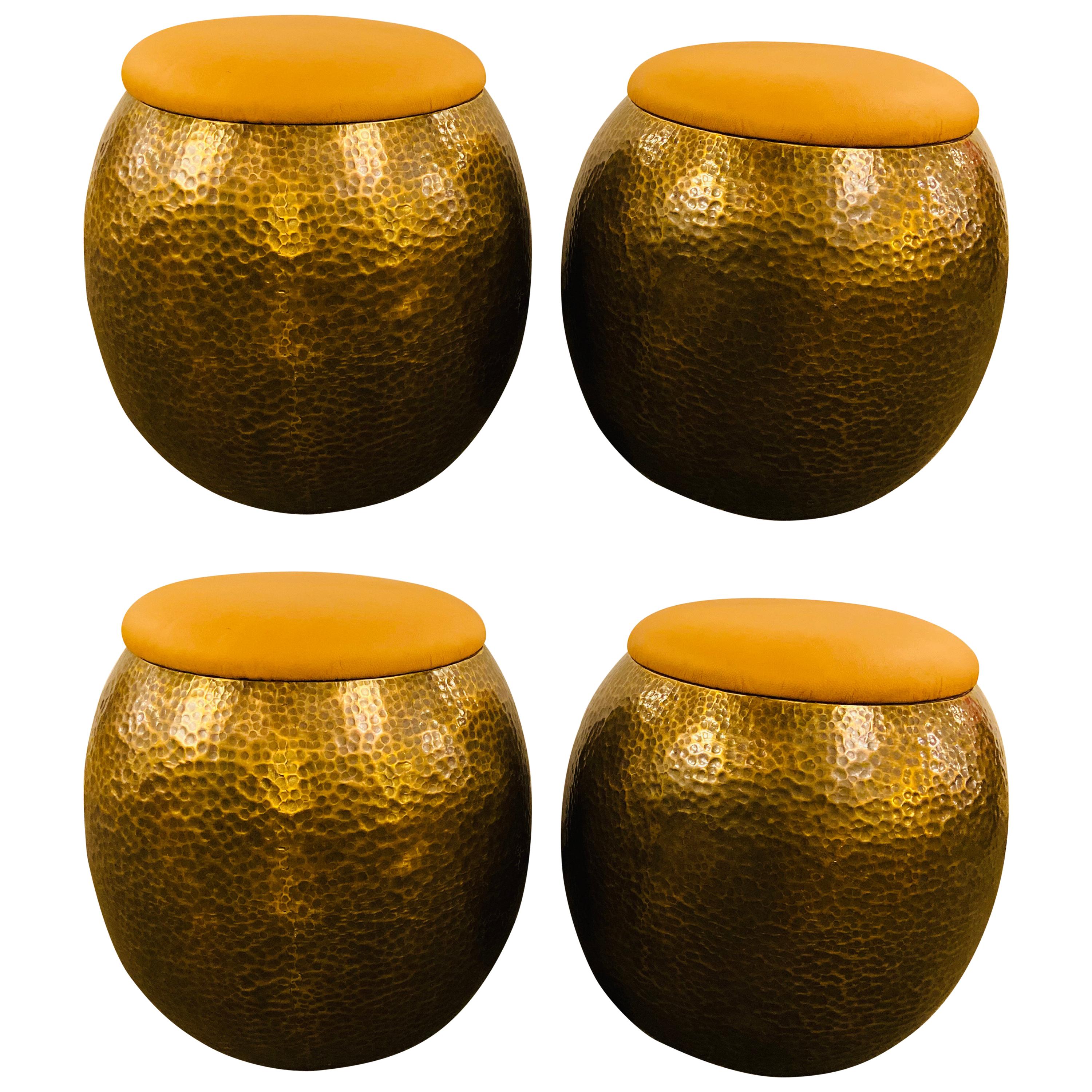 Modern Brass Ottomans, Stools or Side Table With Fine Leather