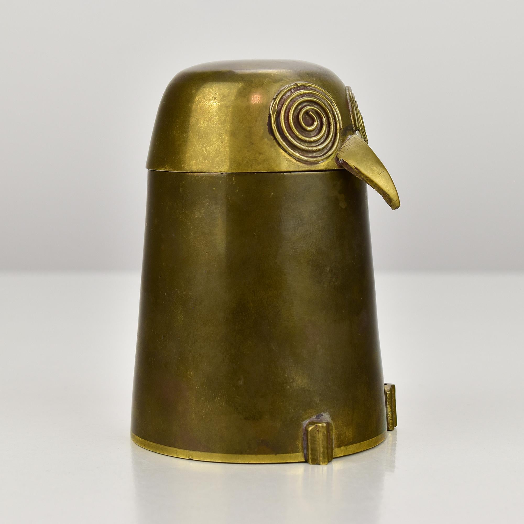 Mid-20th Century Mid-Century Modern Brass Owl Lidded Box with Spiral Eyes For Sale