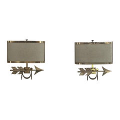 Mid-century Modern Brass Pair of Arrow Sconces with Cocoon Shade, 1960s, Italy
