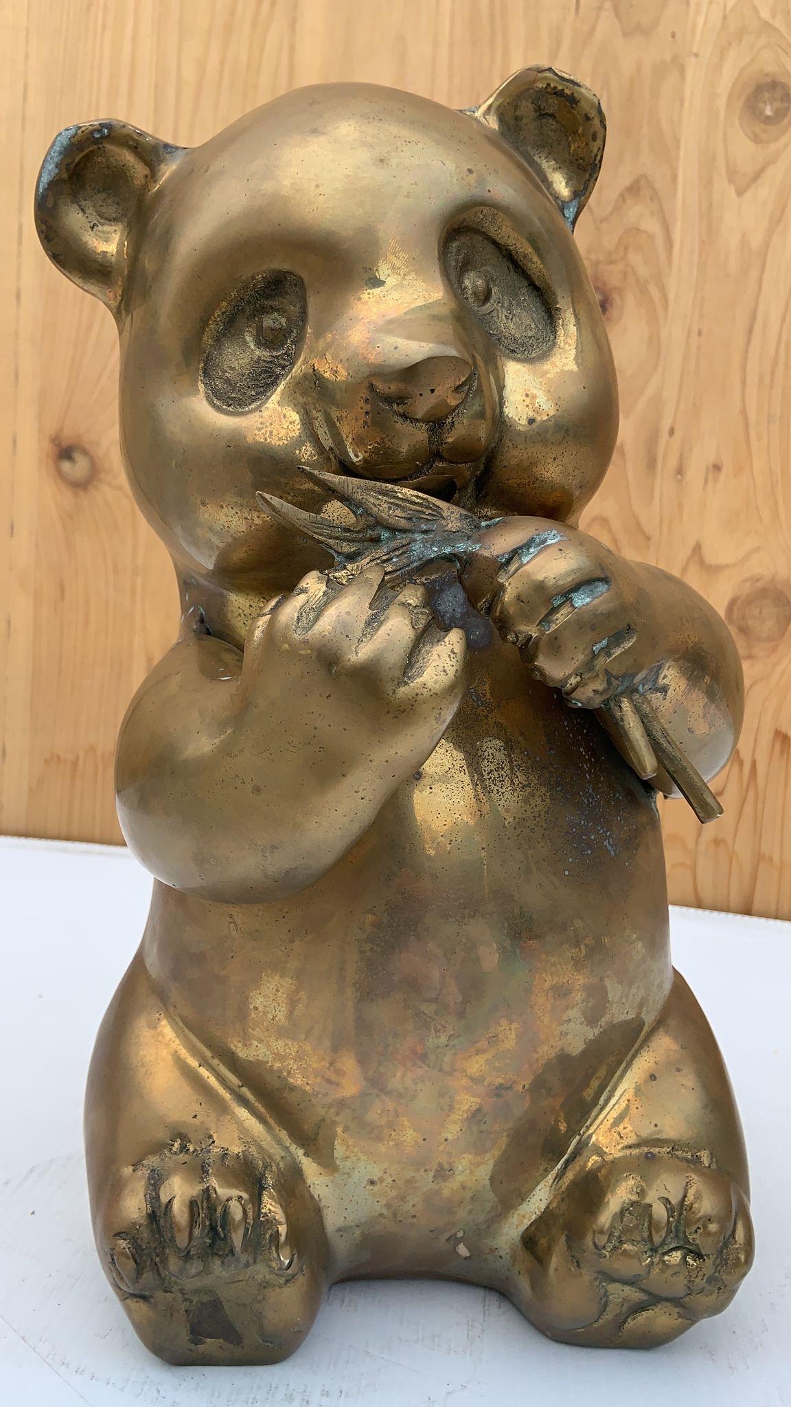 Hand-Crafted Mid Century Modern Brass Panda Statue Figurine For Sale