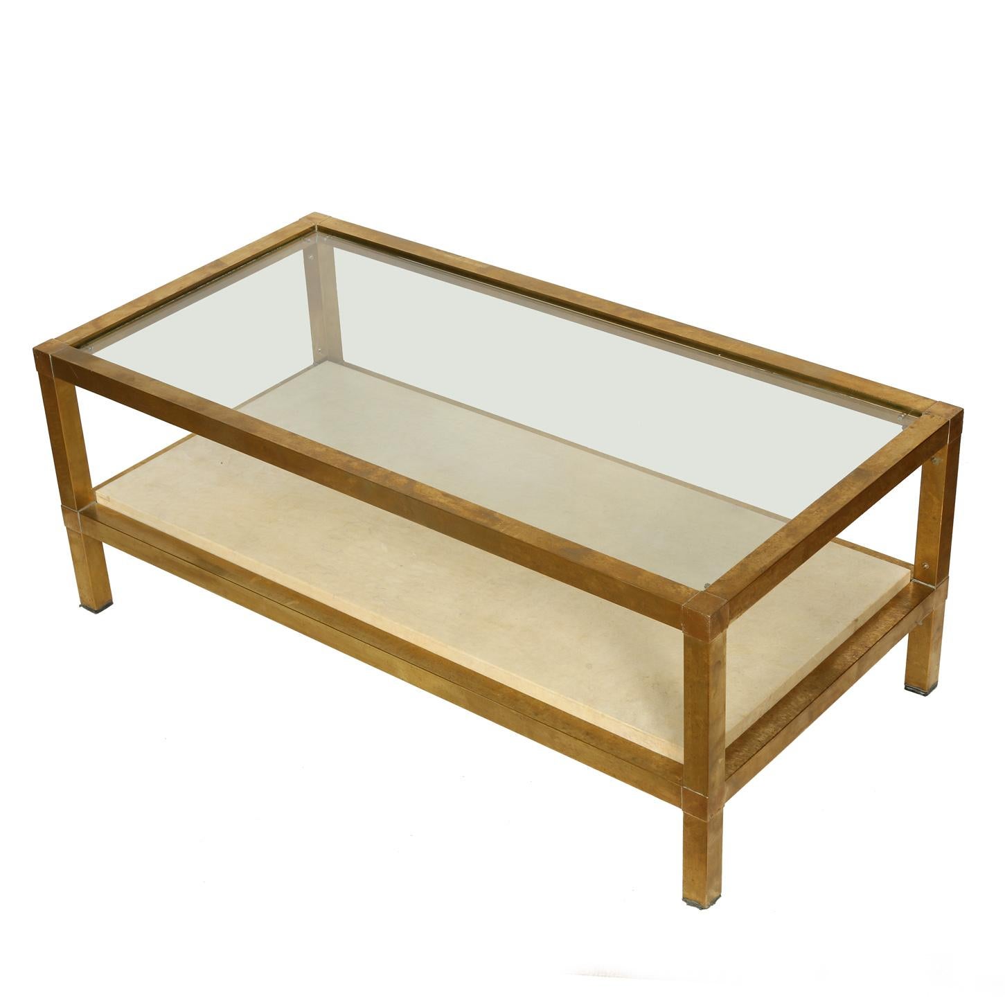 Unknown Mid-Century Modern Brass, Parchment and Glass Coffee Table