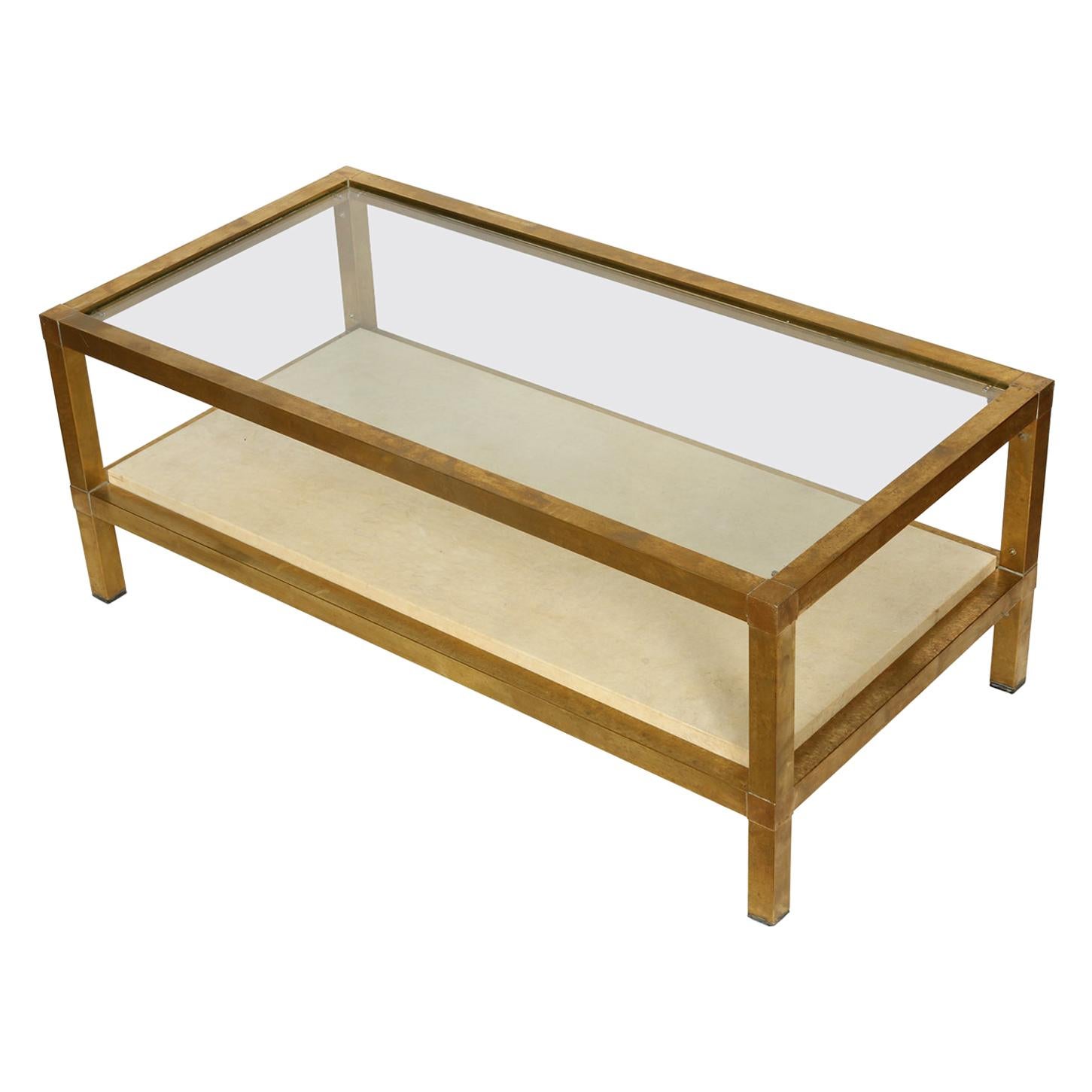 Mid-Century Modern Brass, Parchment and Glass Coffee Table