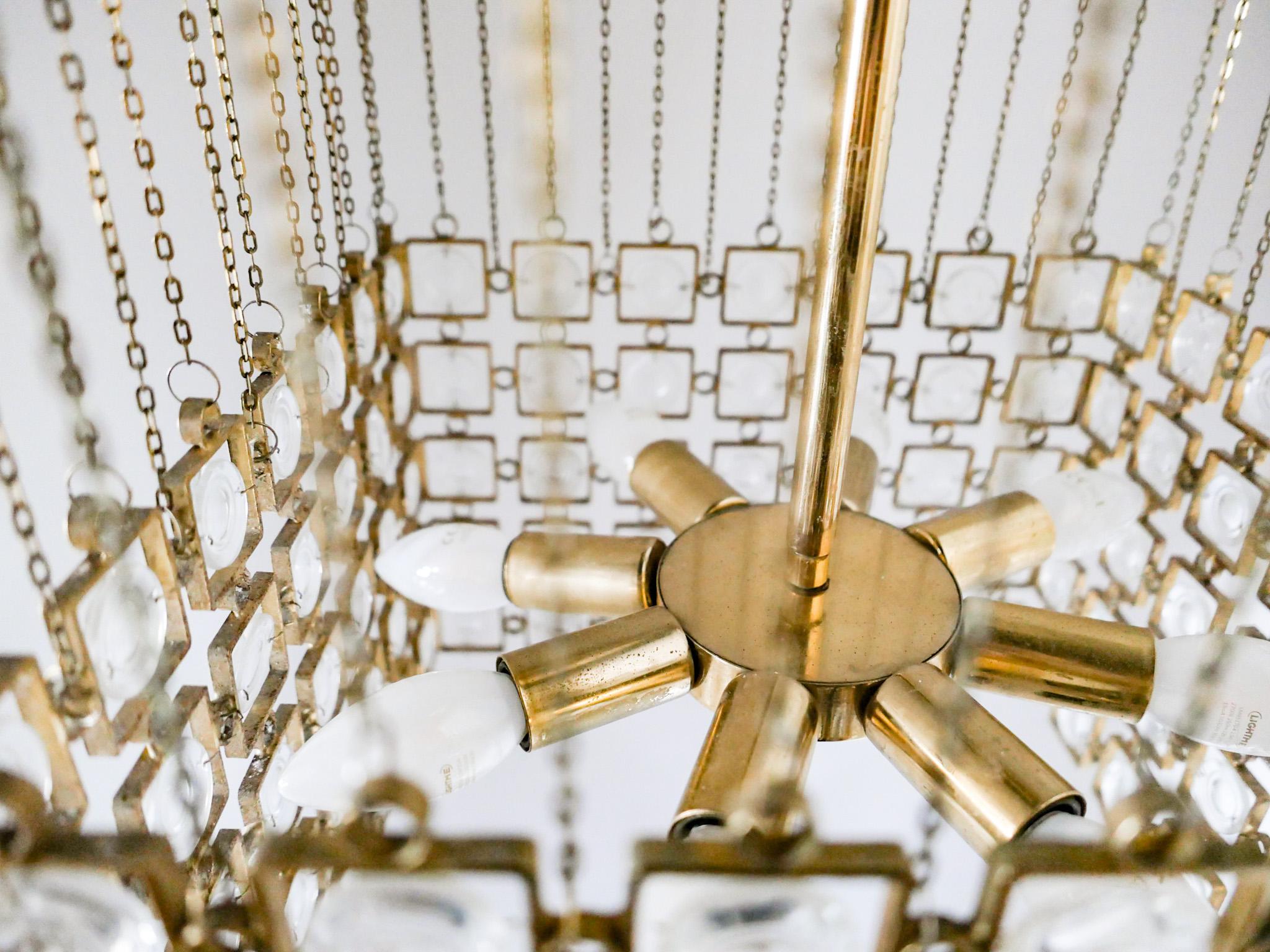 Plexiglass Mid-Century Modern Brass Pendant Chandelier by Gaetano Sciolari, Italy 1970s For Sale