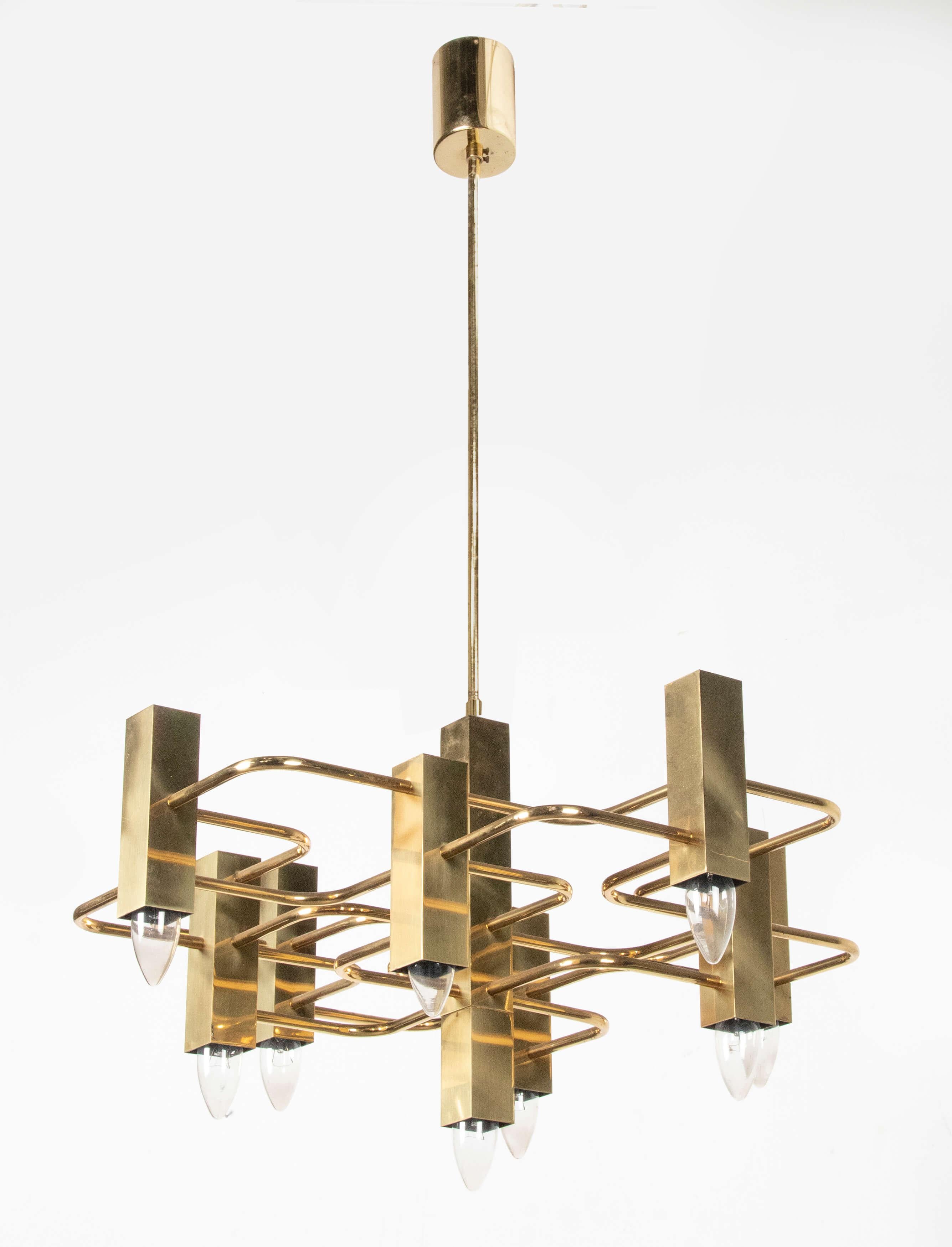 Belgian Mid-Century Modern Brass Pendant Lamp Deigned by Gaetano Sciolari