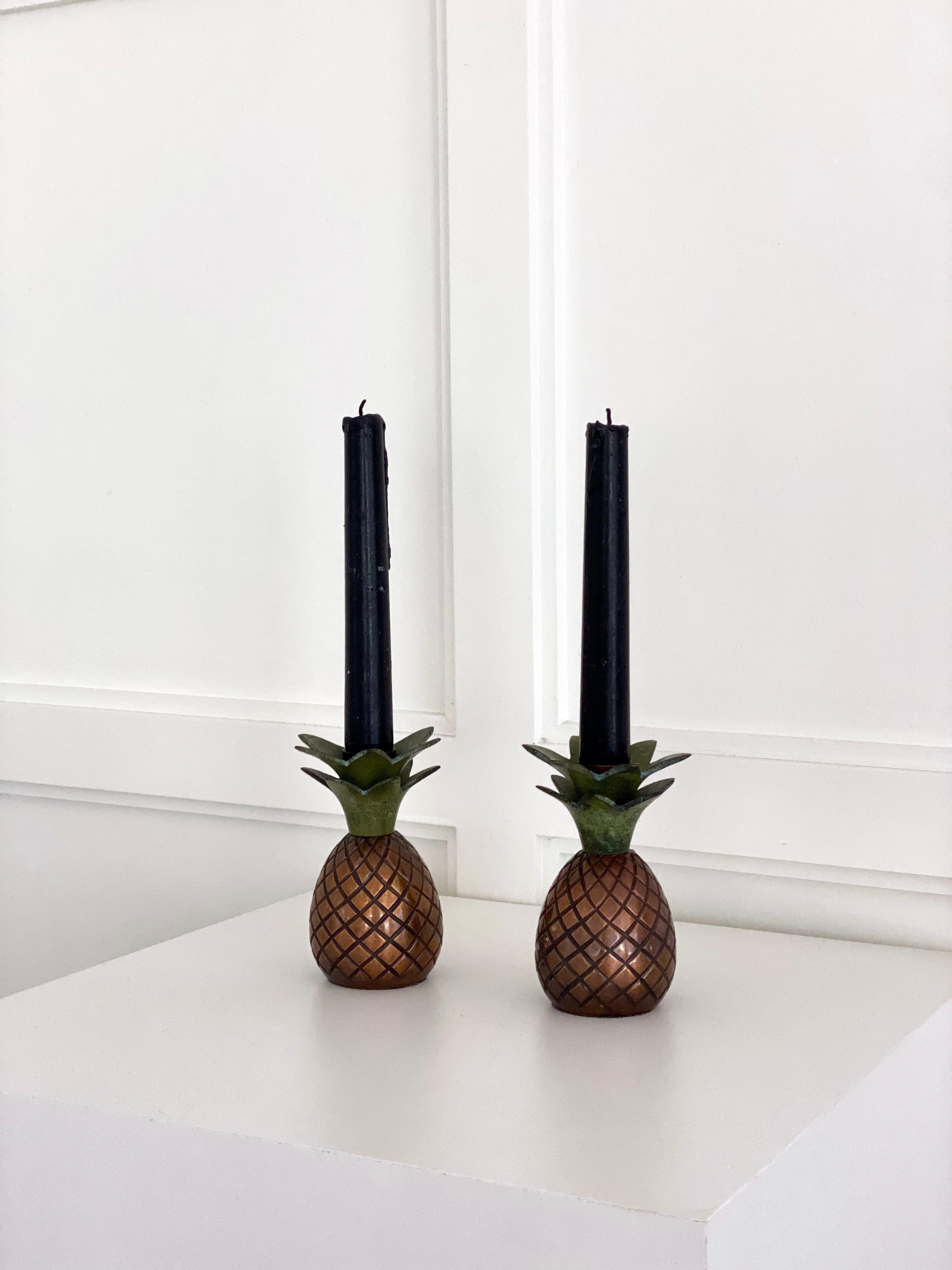 American Mid Century Modern Brass Pineapple Candle Holders - a Pair