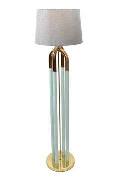 Mid-Century Modern Brass-Plated and Turquoise Enamel Finish Floor Lamp
