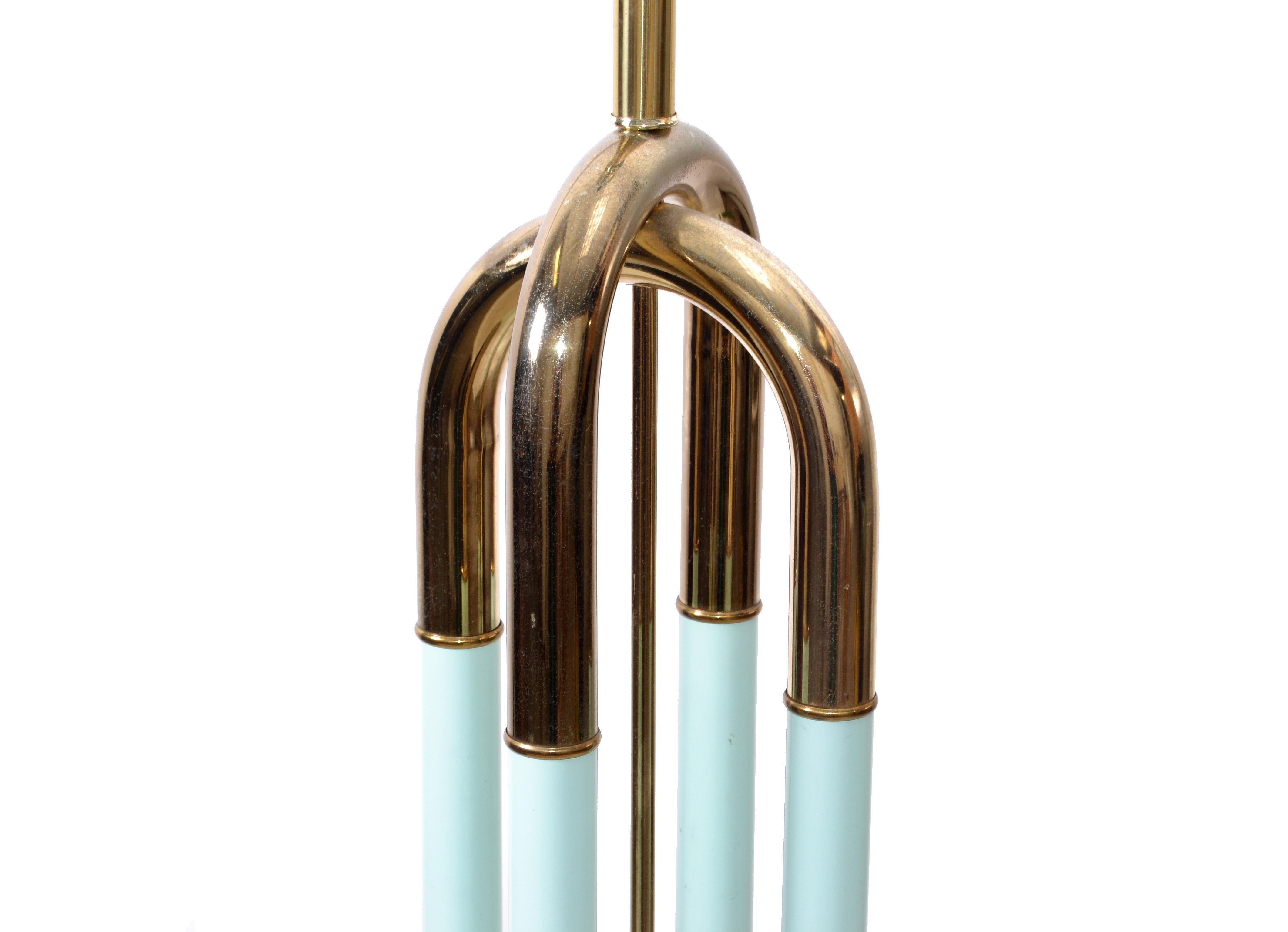 American Mid-Century Modern Brass-Plated and Turquoise Enamel Finish Floor Lamp For Sale