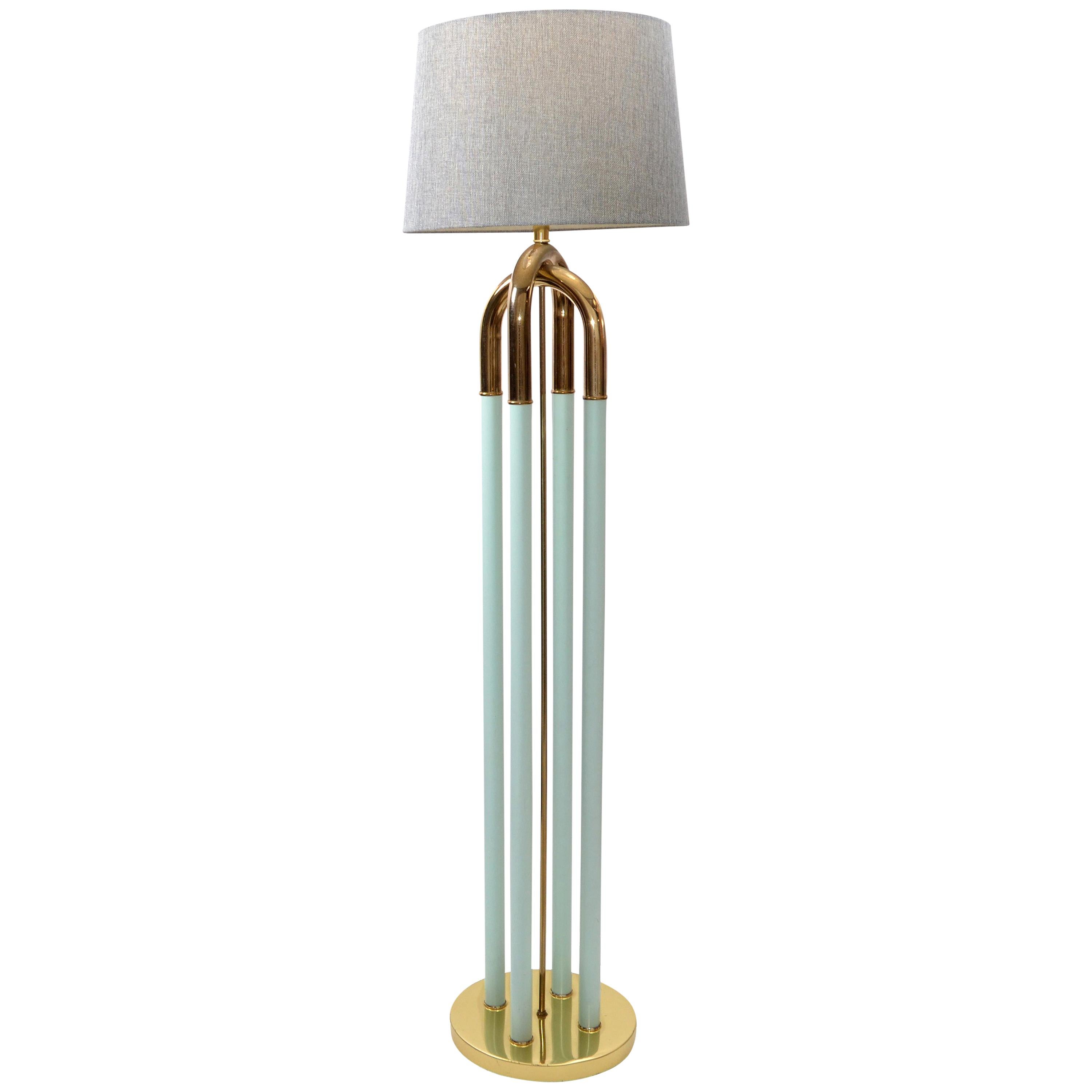 Mid-Century Modern Brass-Plated and Turquoise Enamel Finish Floor Lamp For Sale