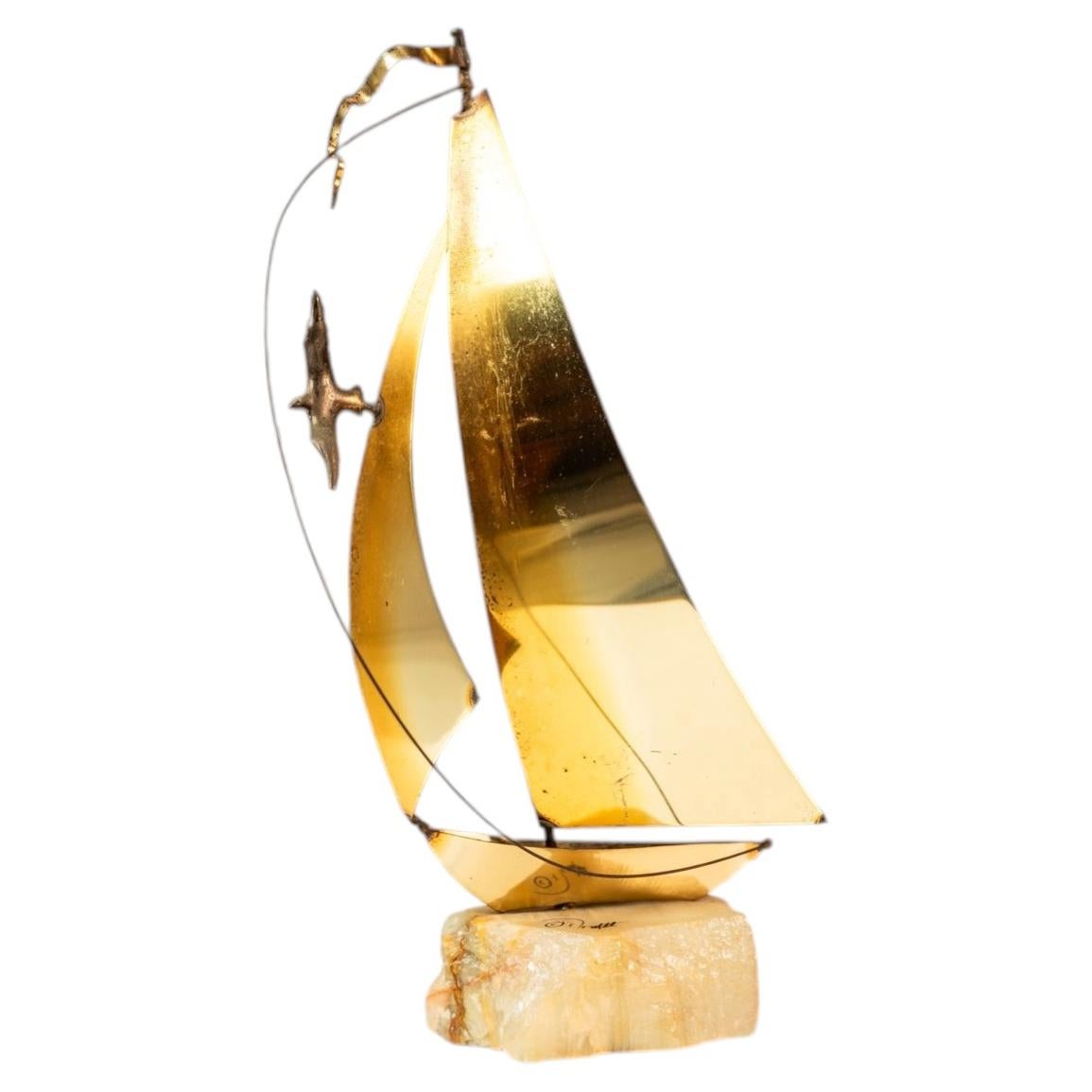 Mid-Century Modern Brass & Quartz Sailboat Sculpture, Jere DeMott, USA, c. 1960s