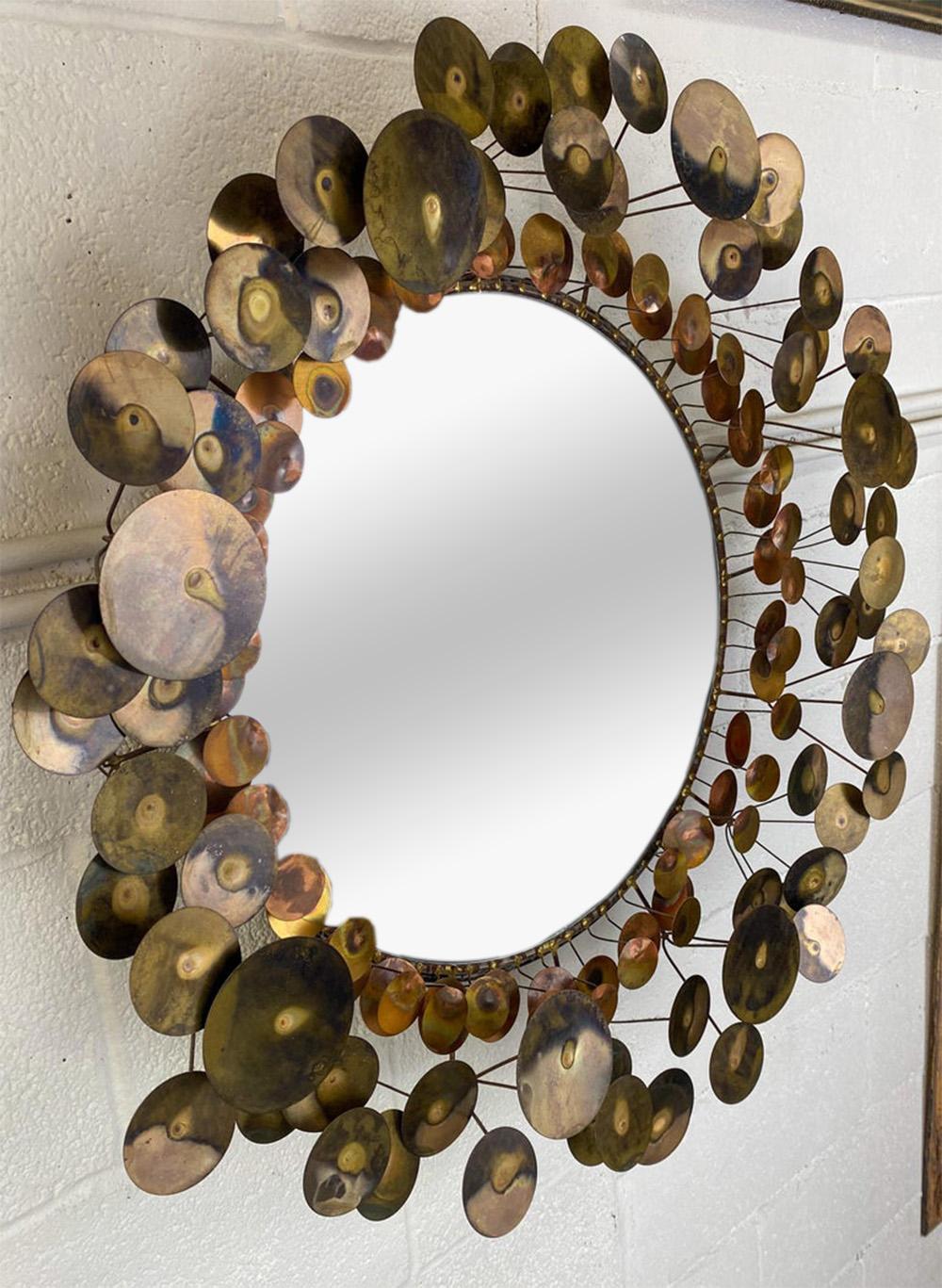 Mid-Century Modern Brass Raindrops Sculptural Sunburst Mirror by Curtis Jeré In Good Condition In Plainview, NY