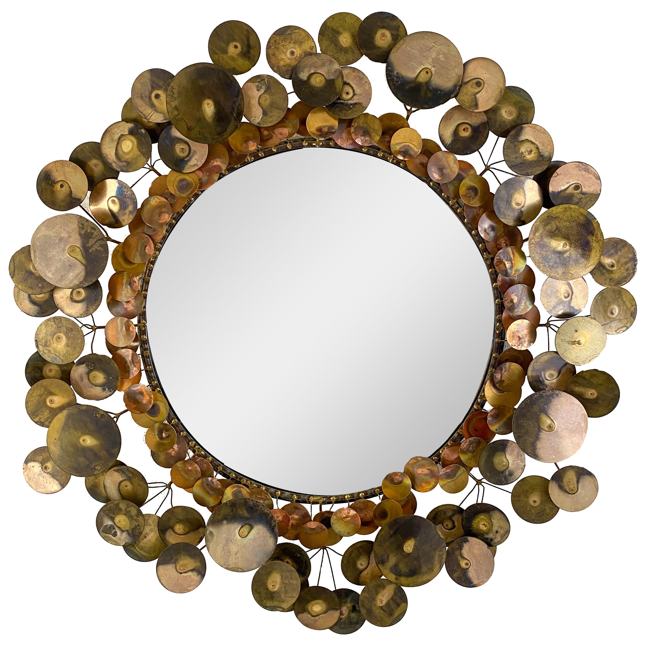 Mid-Century Modern Brass Raindrops Sculptural Sunburst Mirror by Curtis Jeré