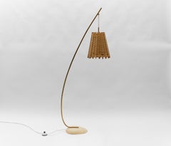 Mid-Century Modern Brass & Rattan Arc Floor Lamp, Italy 1950s
