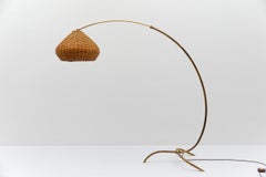Mid-Century Modern Brass & Rattan Crowfoot Arc Floor Lamp, Italy 1950s