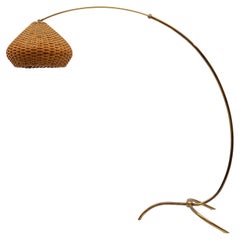Mid-Century Modern Brass & Rattan Crowfoot Arc Floor Lamp, Italy 1950s