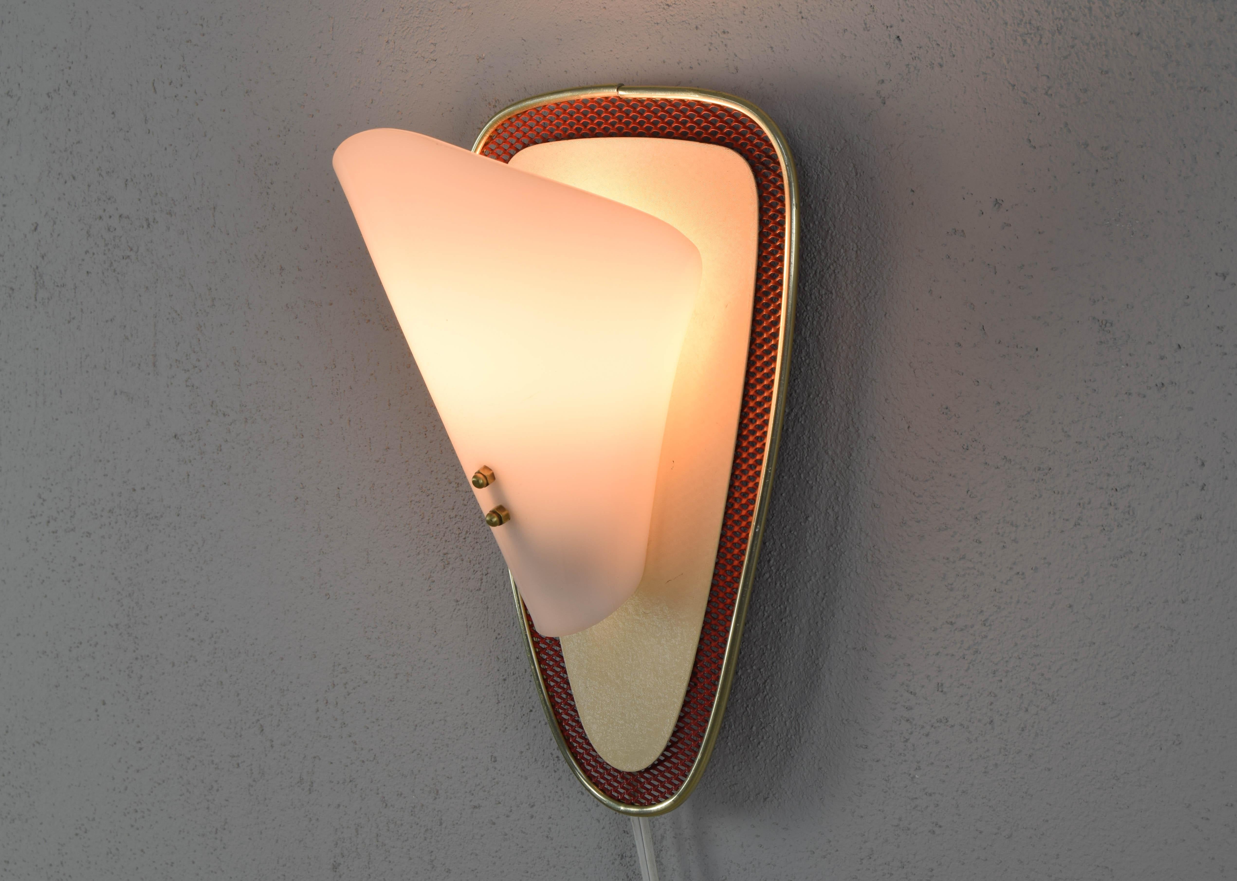 Mid-Century Modern Brass, Red Perforated Metal and Lucite French Sconce, 1950s 1