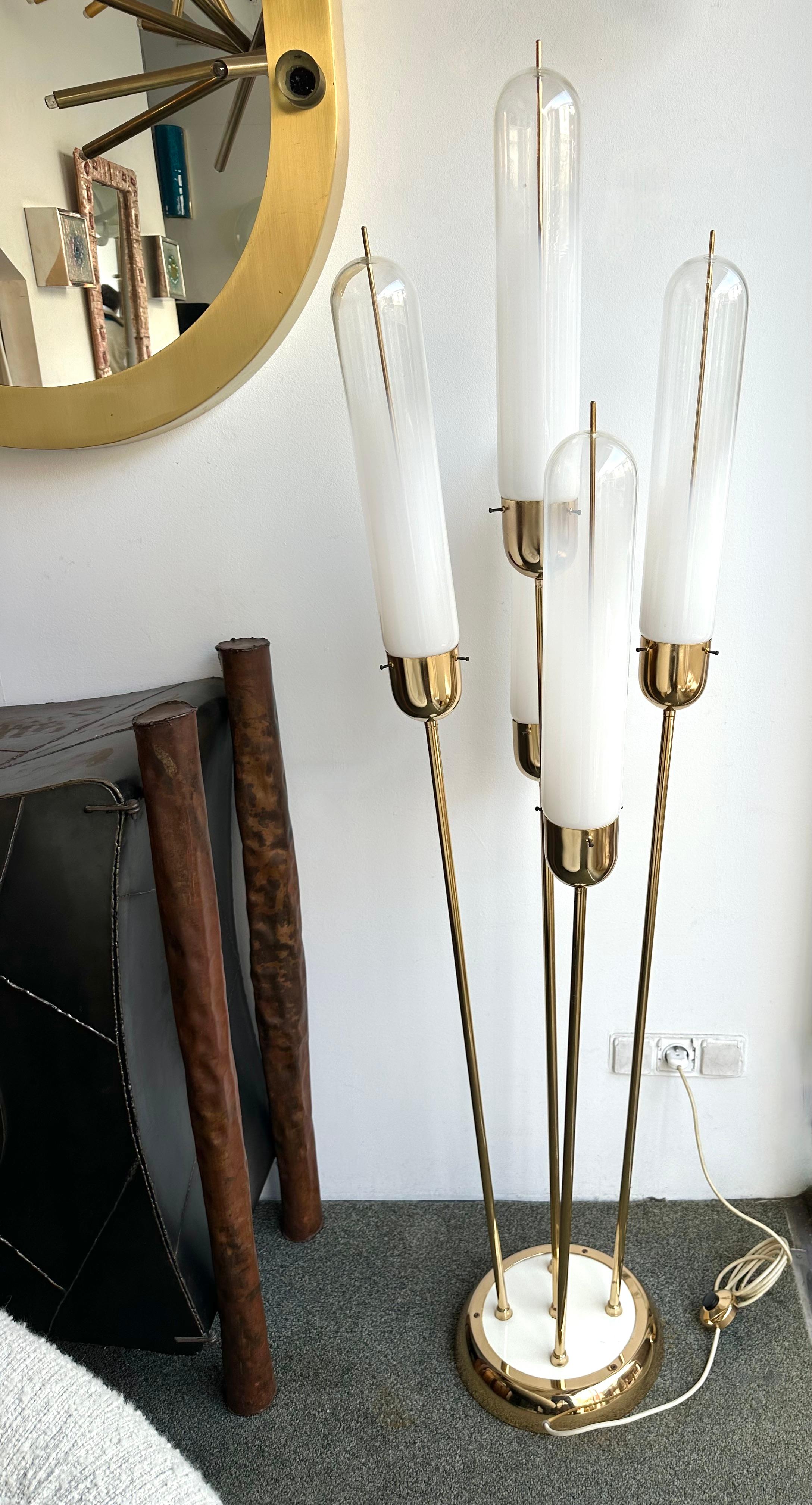 Italian Mid-Century Modern Brass Reed Floor Lamp Murano Glass by Mazzega, Italy, 1970s For Sale