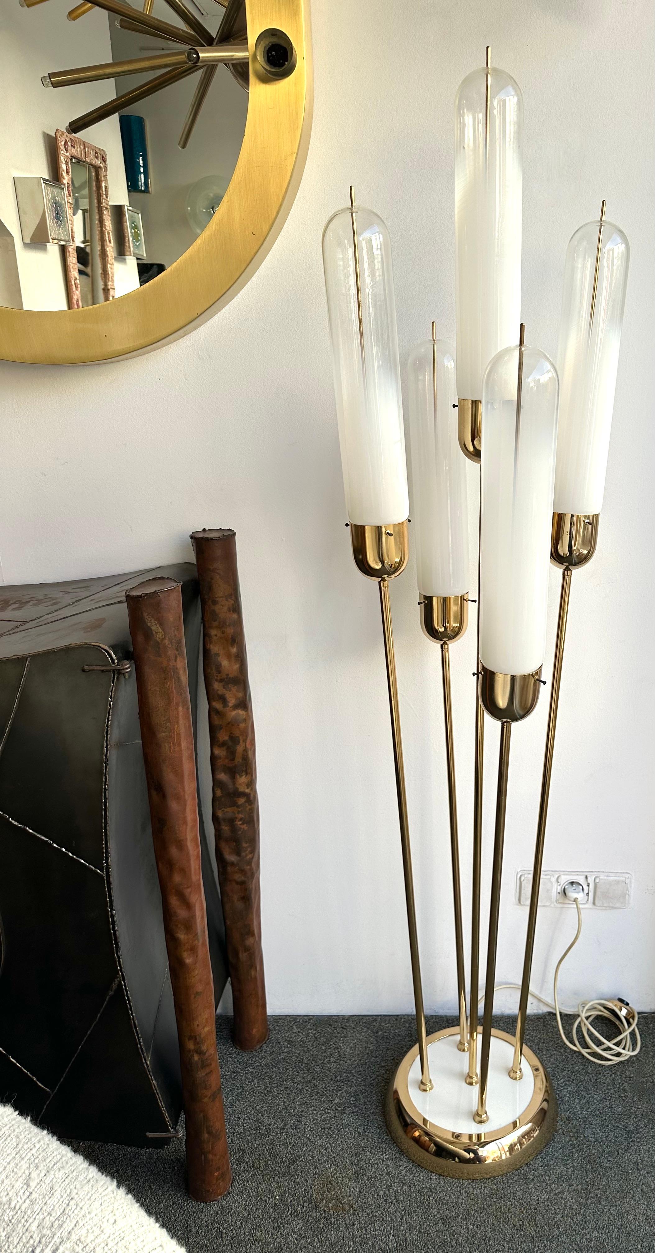 Late 20th Century Mid-Century Modern Brass Reed Floor Lamp Murano Glass by Mazzega, Italy, 1970s For Sale
