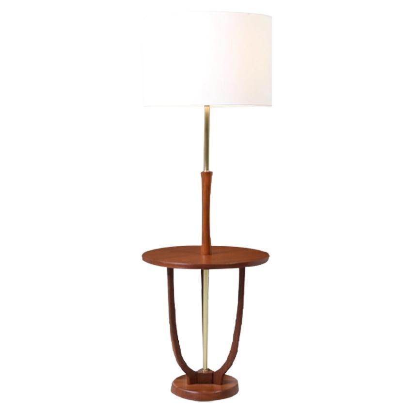 Mid-Century Modern Brass & Sculpted Walnut Floor Lamp with Side Table For Sale